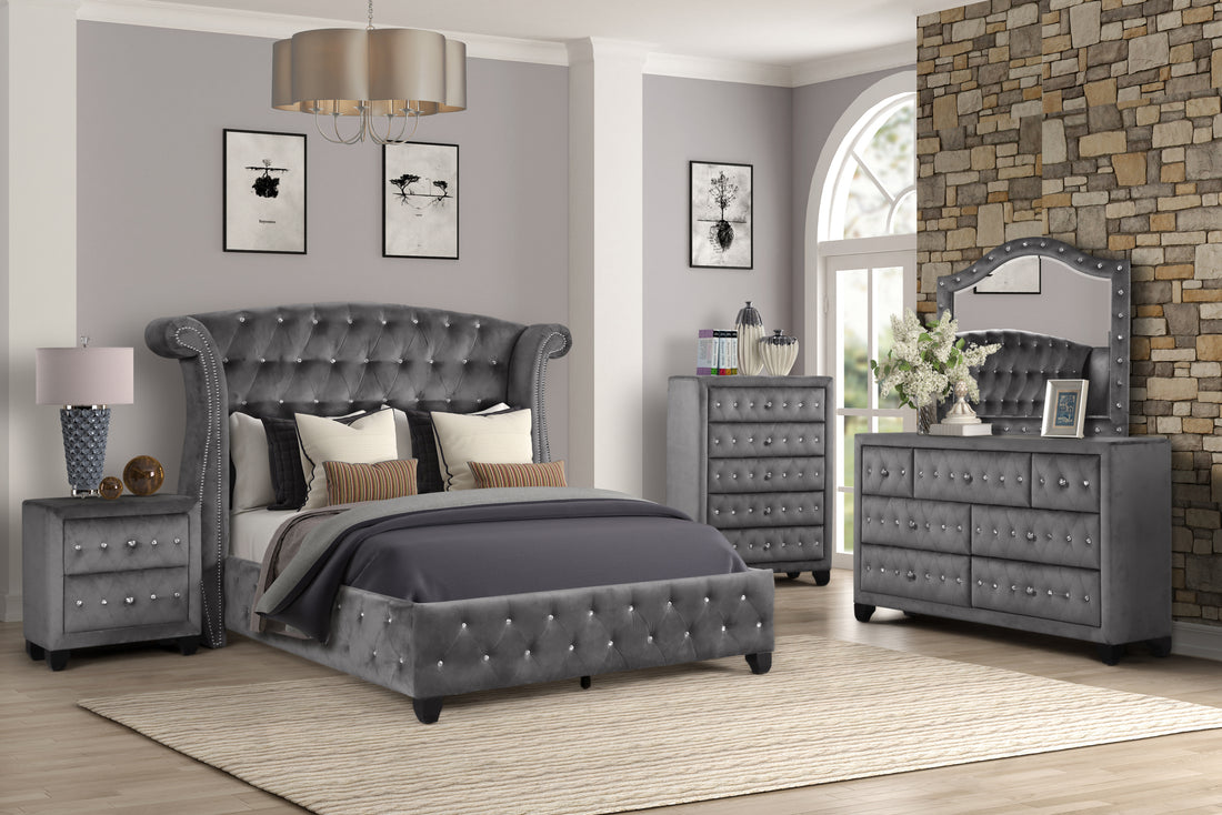 Sophia Full 5 Pc Upholstery Bedroom Set Made With Wood In Gray Box Spring Not Required Full Gray Wood 5 Piece Set Bedroom Contemporary,Modern Acacia Upholstered Velvet Tufted Wood