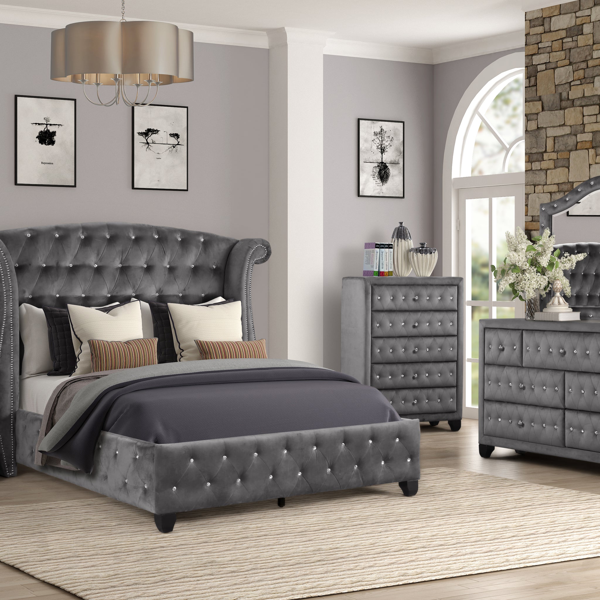 Queen 5 Pc Upholstery Bedroom Set Made With Wood In Gray Box Spring Not Required Queen Gray Wood 5 Piece Set Bedroom Contemporary,Modern Upholstered Velvet Tufted Wood