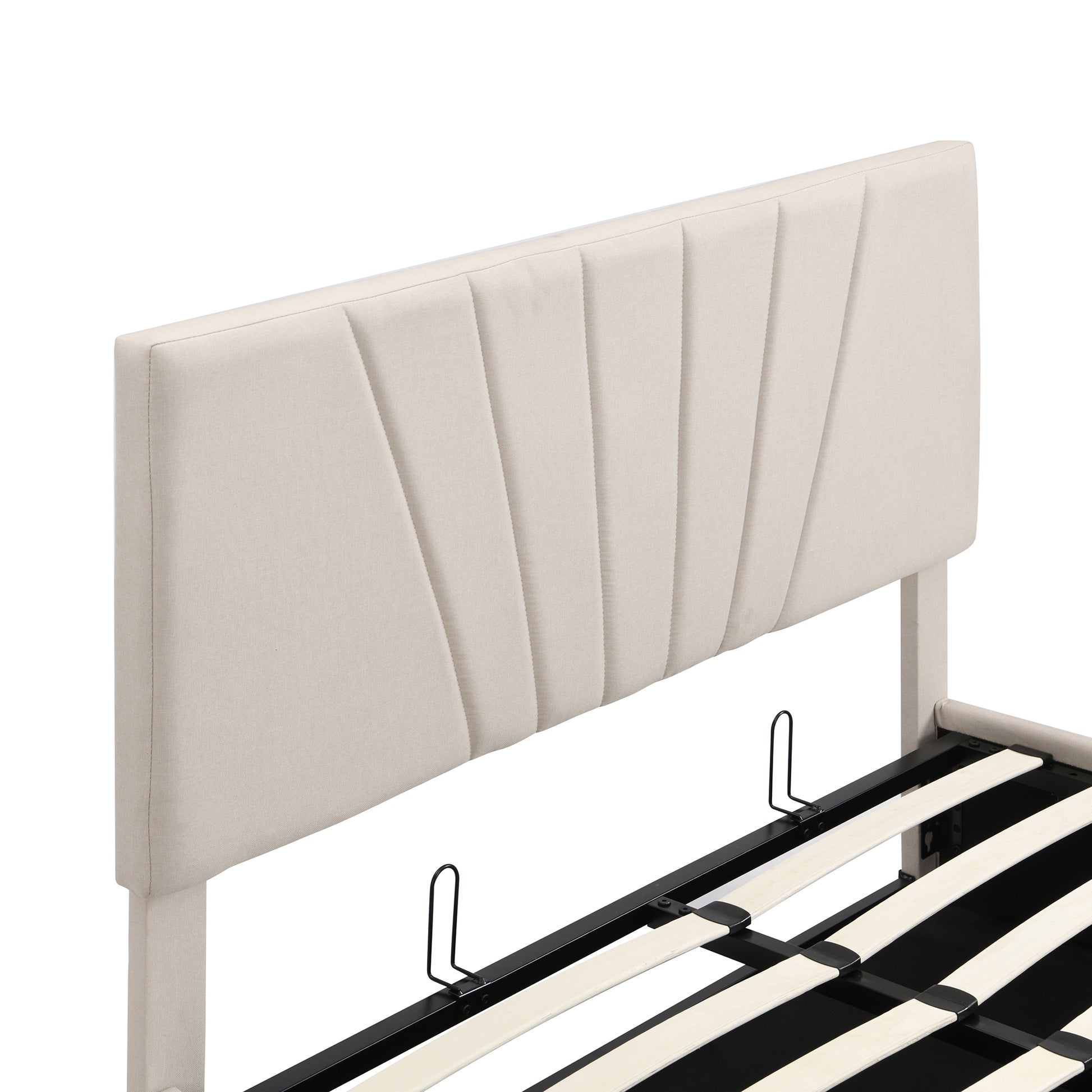 Queen Size Upholstered Platform Bed With A Hydraulic Storage System Beige Beige Upholstered
