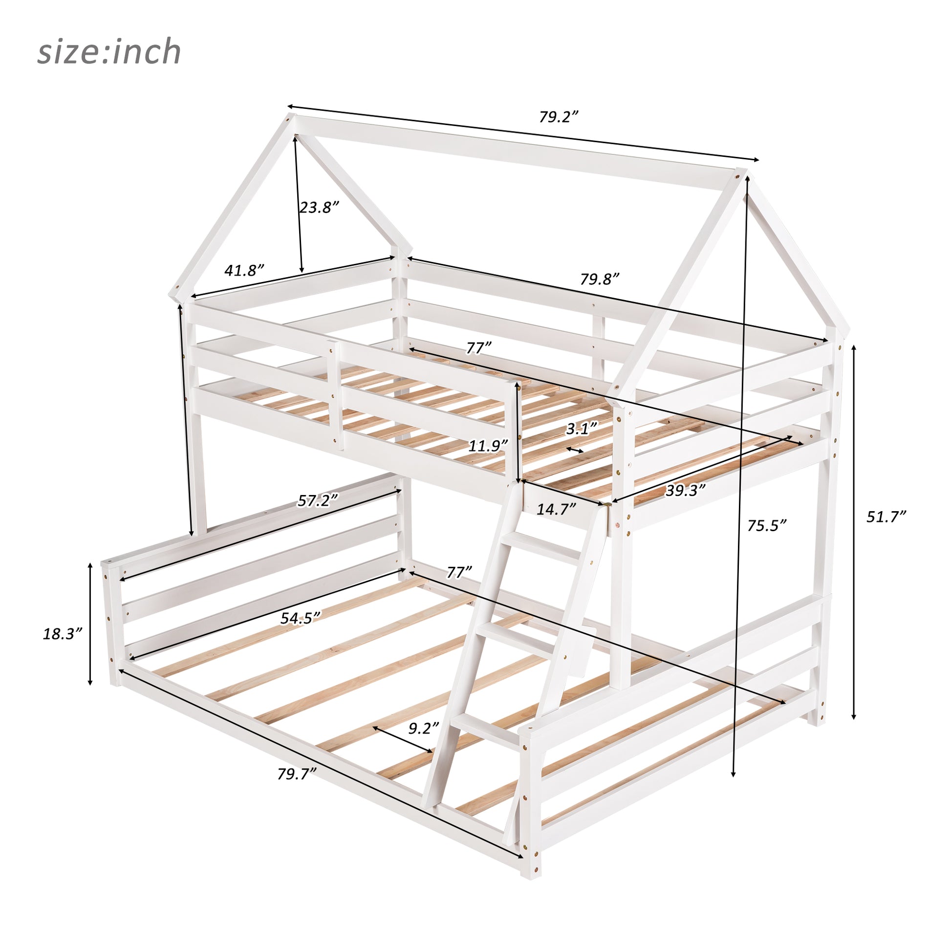 Twin Over Full House Bunk Bed With Built In Ladder,White White Pine