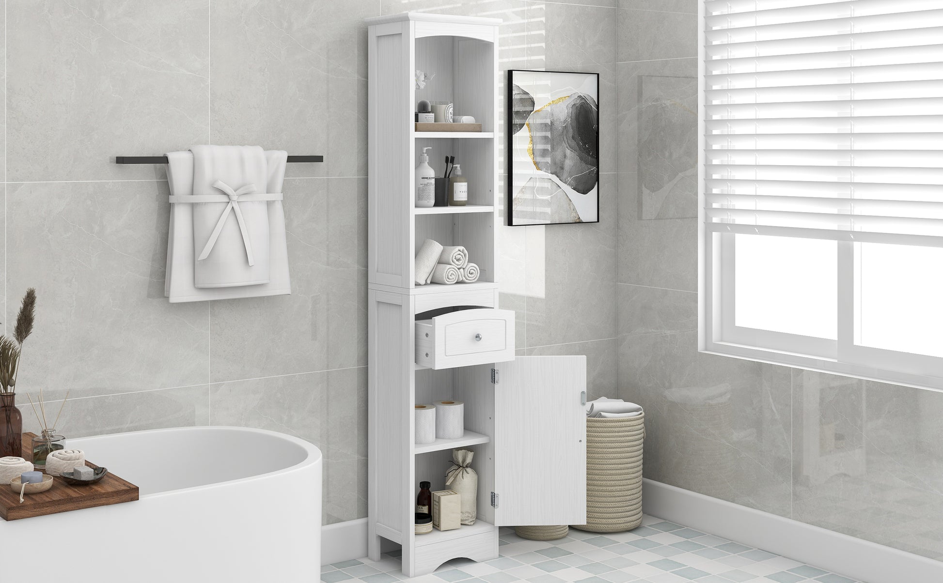 Tall Bathroom Cabinet, Freestanding Storage Cabinet With Drawer, Mdf Board, Adjustable Shelf, White White Mdf