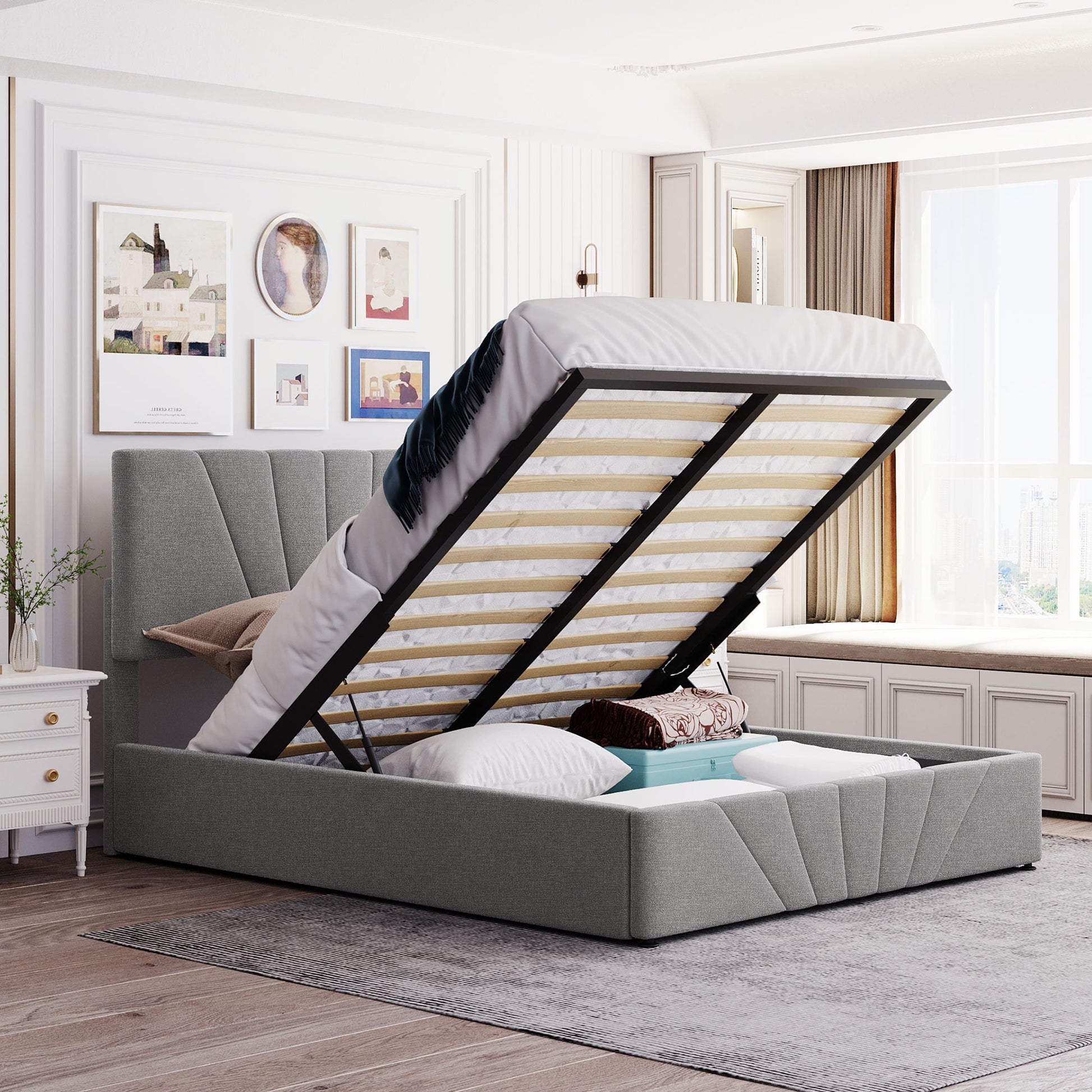 Queen Size Upholstered Platform Bed With A Hydraulic Storage System Gray Gray Upholstered