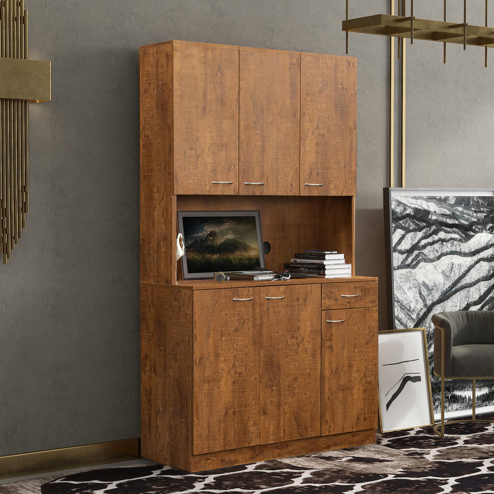 70.87" Tall Wardrobe& Kitchen Cabinet, With 6 Doors, 1 Open Shelves And 1 Drawer For Bedroom,Walnut Walnut Mdf