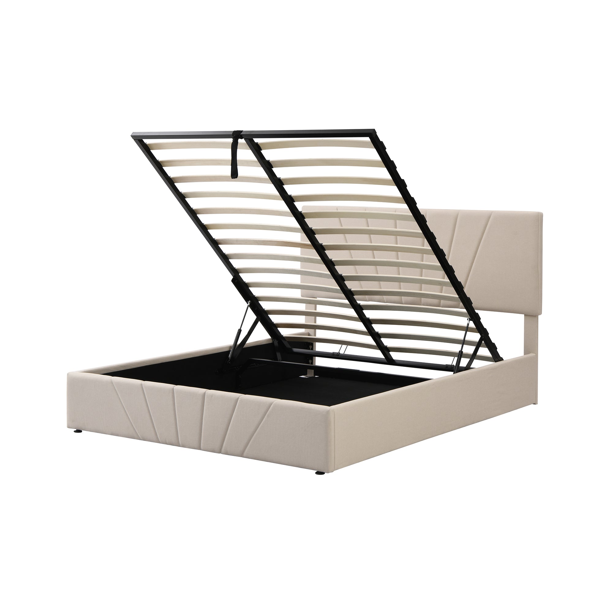 Queen Size Upholstered Platform Bed With A Hydraulic Storage System Beige Beige Upholstered