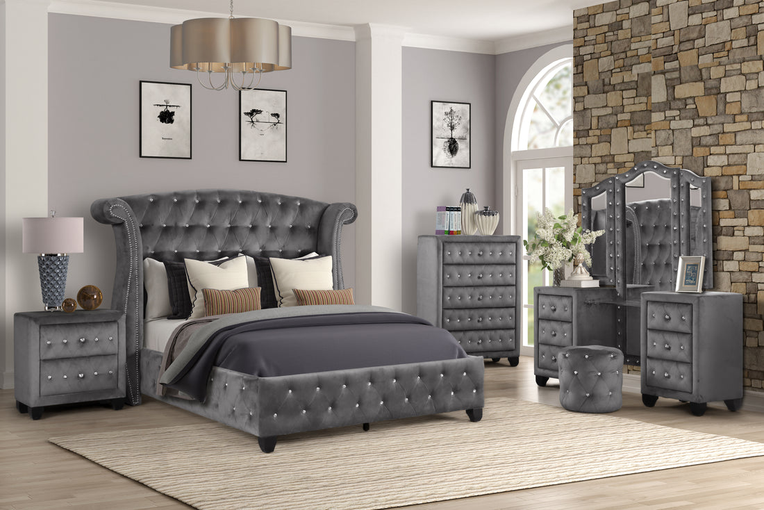 Queen 5 Pc Vanity Upholstery Bedroom Set Made With Wood In Gray Box Spring Not Required Queen Gray Wood 5 Piece Set Bedroom Contemporary,Modern Upholstered Velvet Tufted Wood