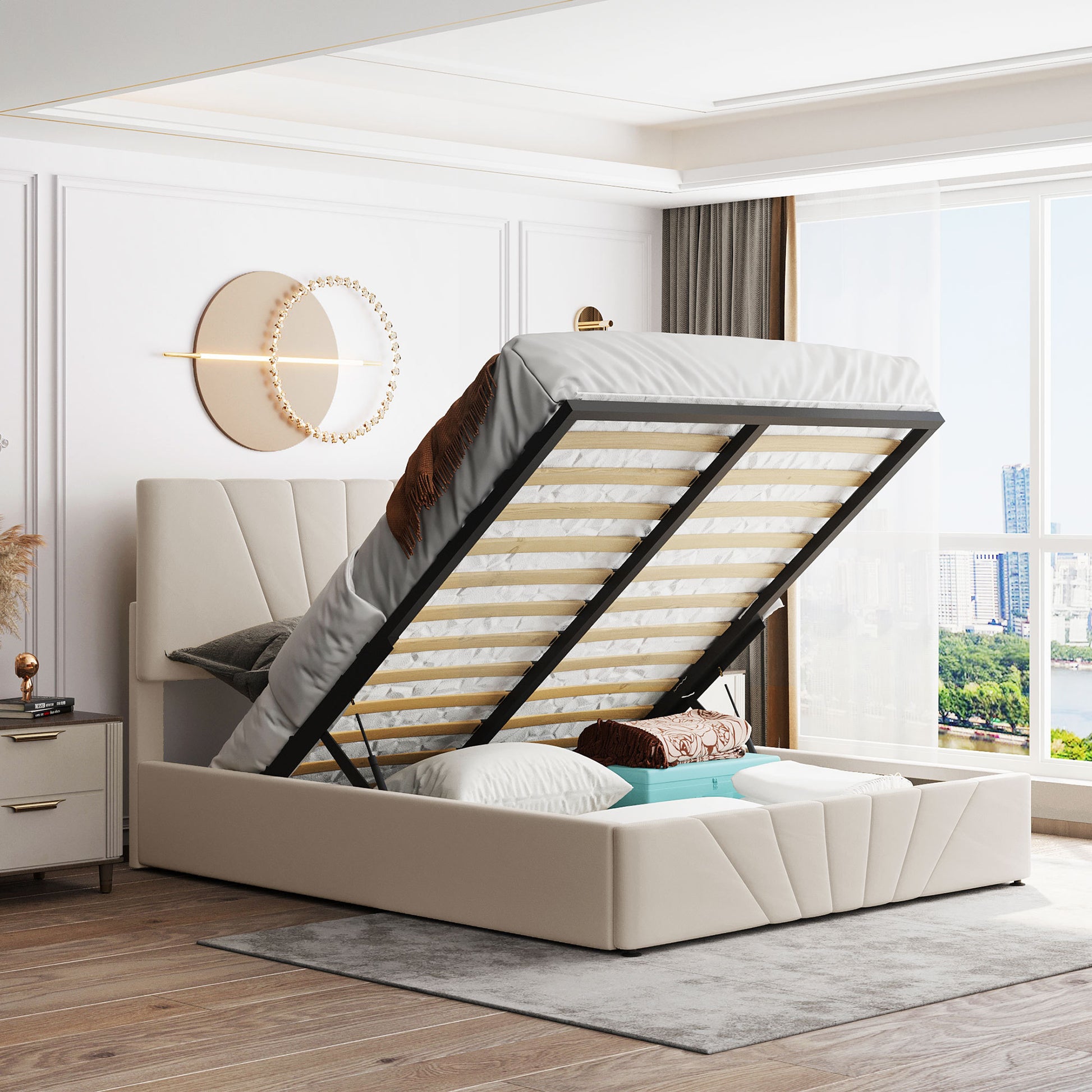Queen Size Upholstered Platform Bed With A Hydraulic Storage System Beige Beige Upholstered