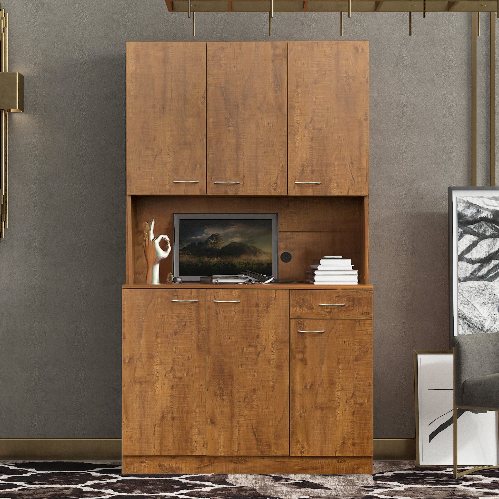 70.87" Tall Wardrobe& Kitchen Cabinet, With 6 Doors, 1 Open Shelves And 1 Drawer For Bedroom,Walnut Walnut Mdf