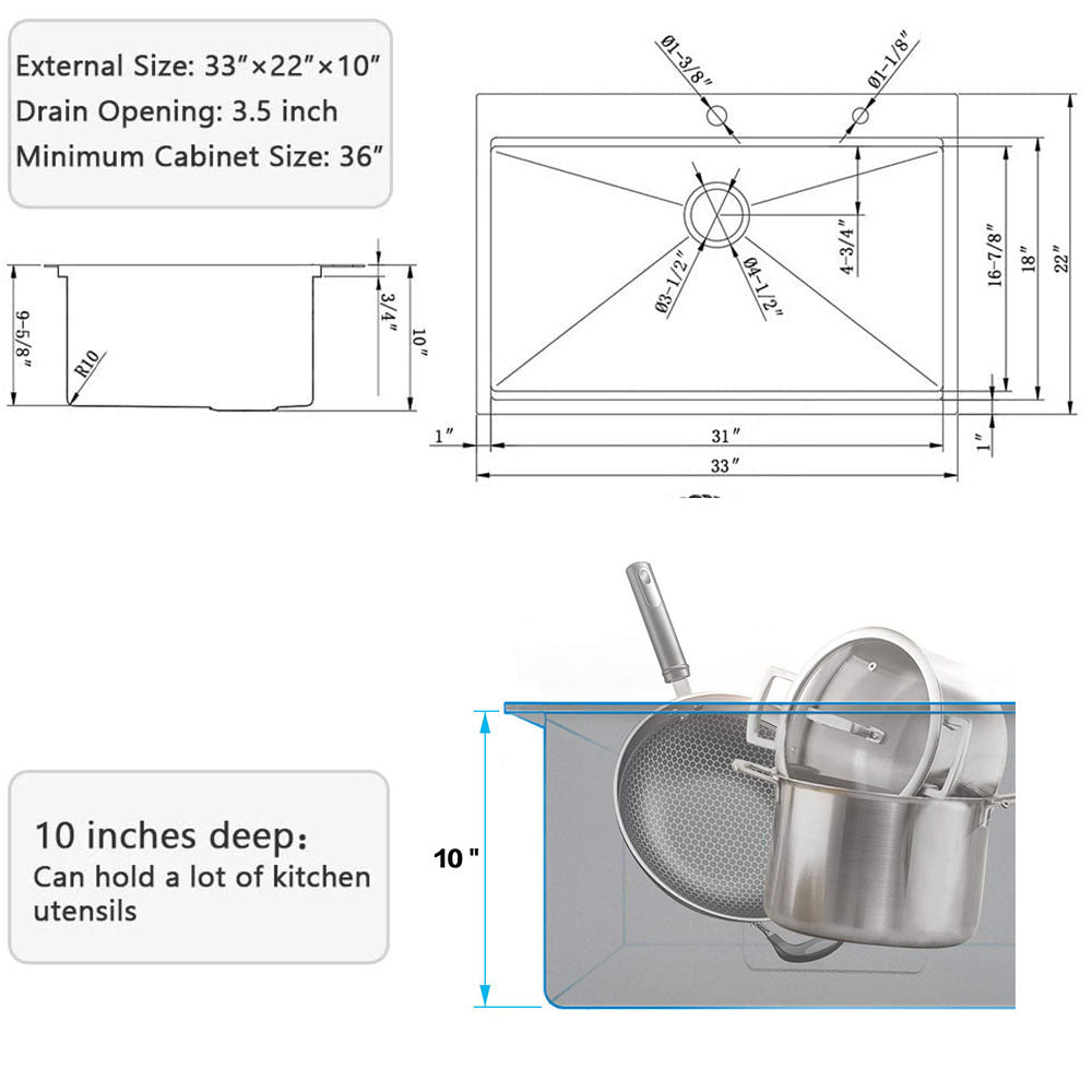 Workstation 33 Inch Drop In 16 Gauge Kitchen Sink R10 Radius Stainless Steel Kitchen Sink Single Bowl With Intergrated Ledge & Accessories Pack Of 5 33"X22"X10" Brushed Nickel Stainless Steel