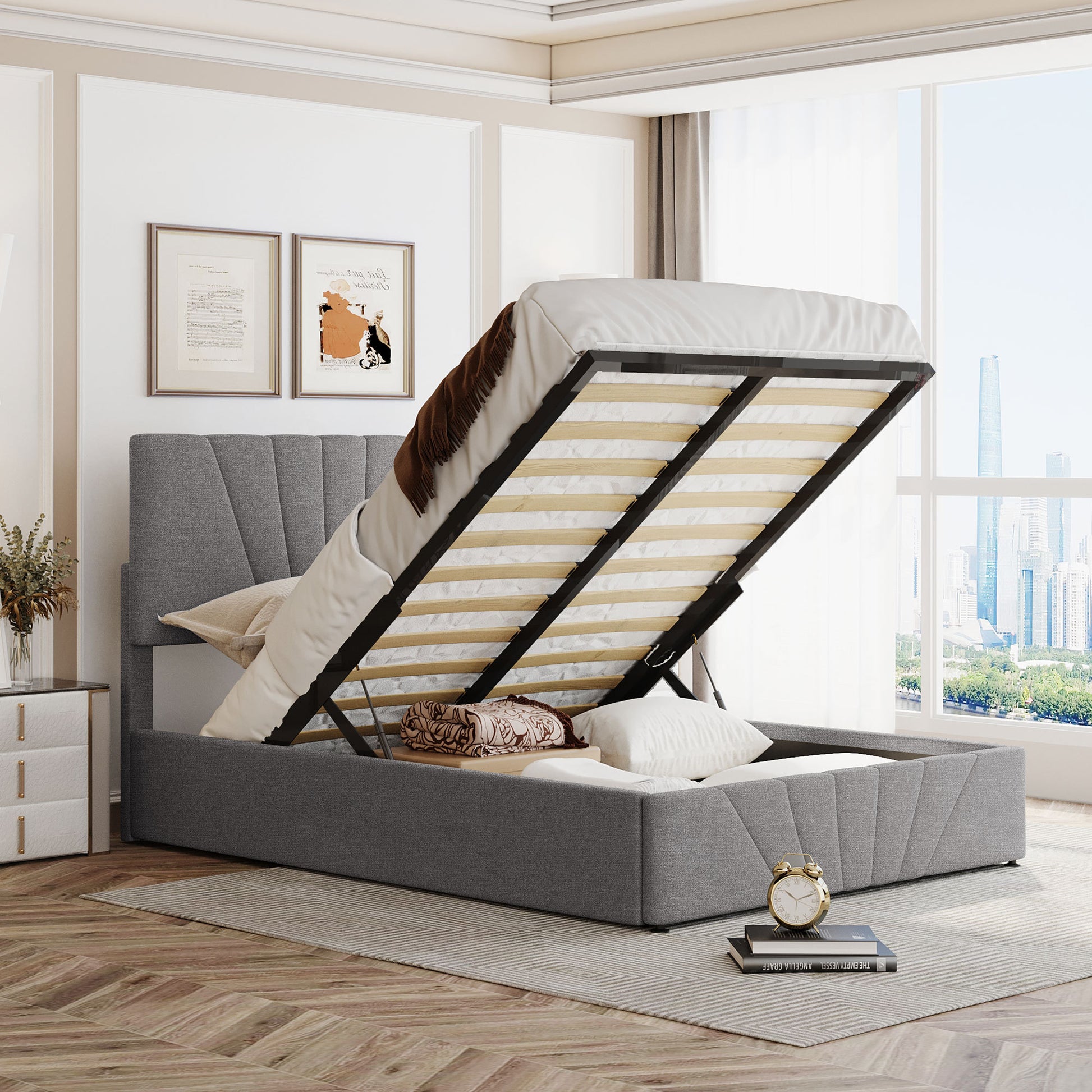 Full Size Upholstered Platform Bed With A Hydraulic Storage System Gray Gray Upholstered