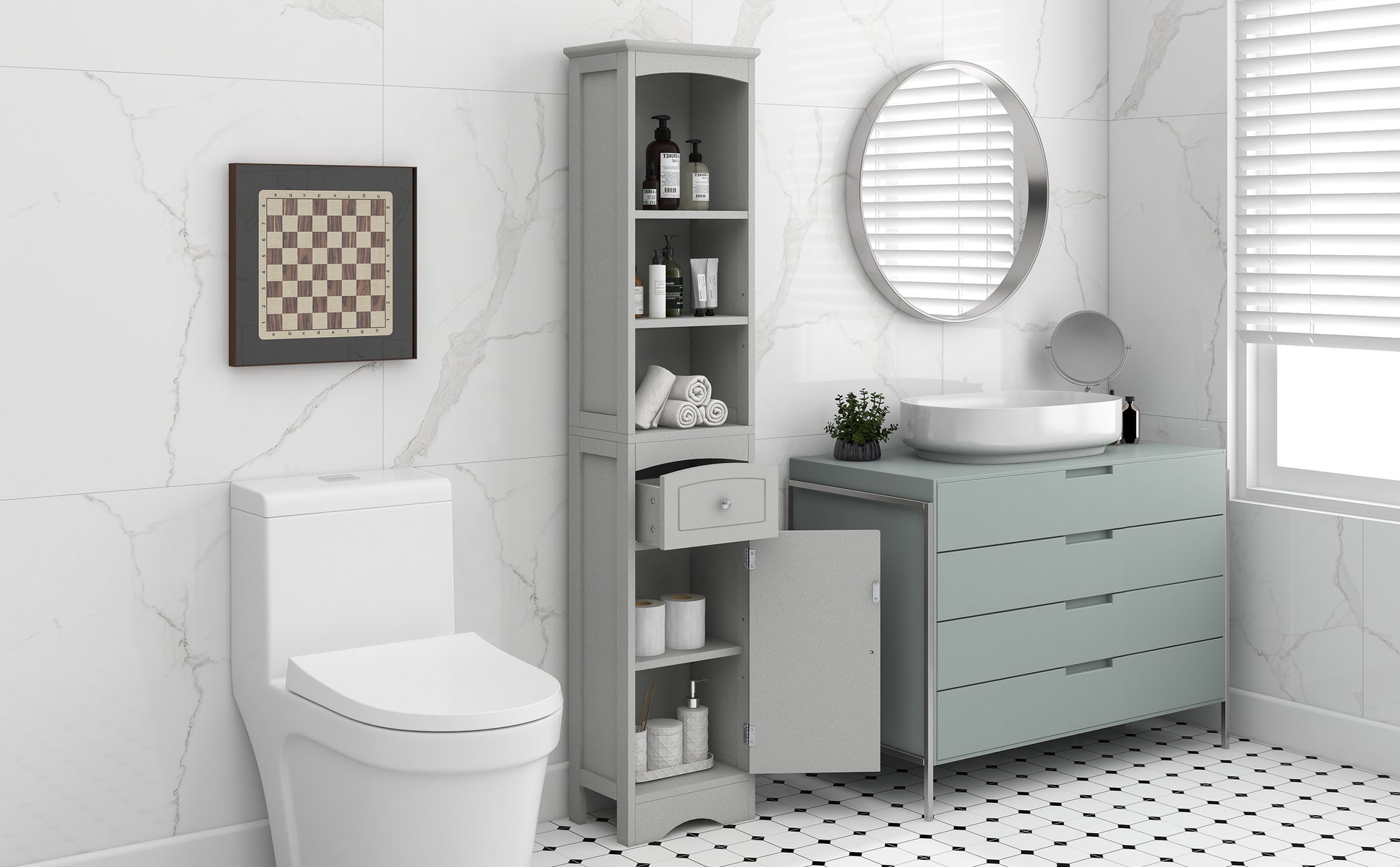 Tall Bathroom Cabinet, Freestanding Storage Cabinet With Drawer, Mdf Board, Adjustable Shelf, Grey Grey Mdf