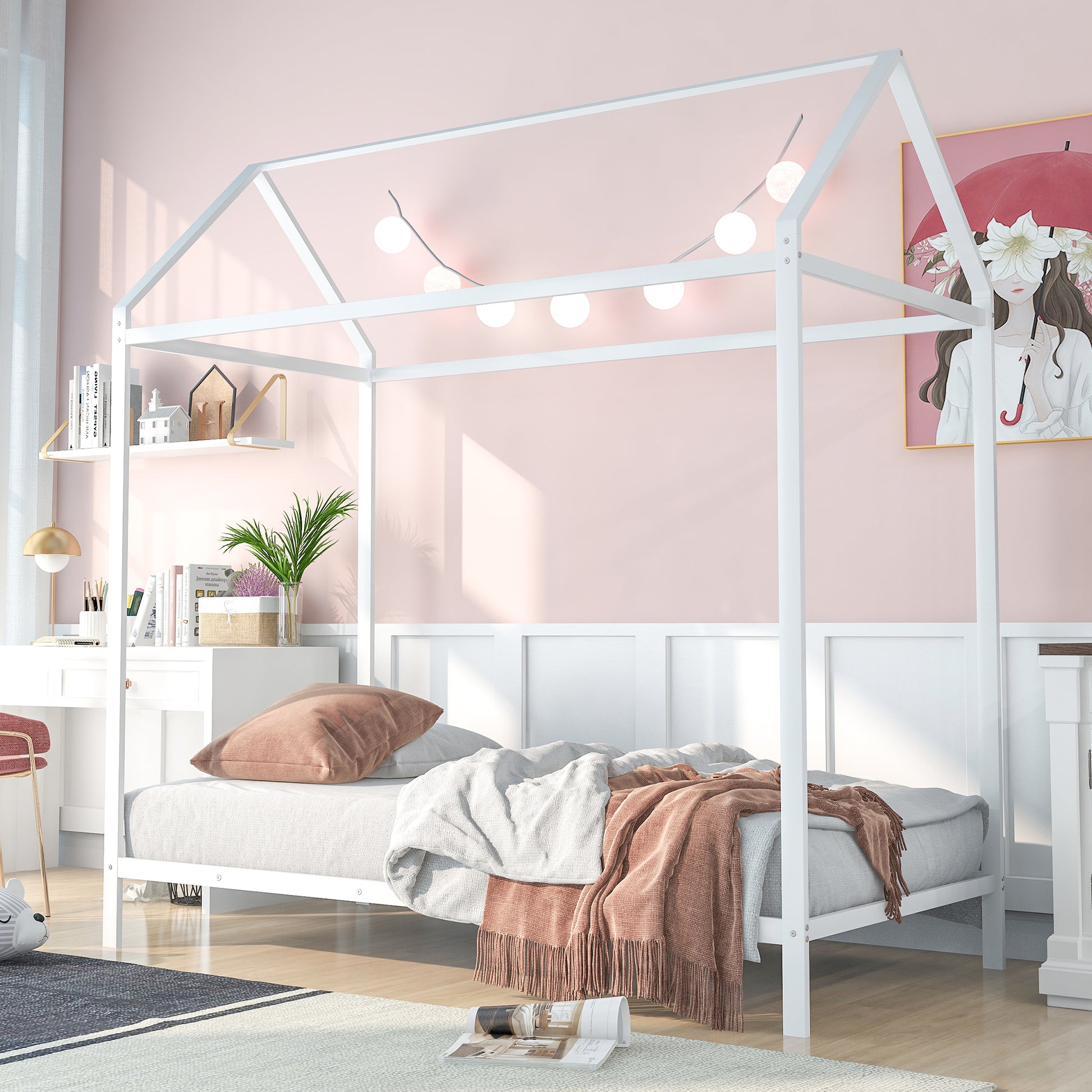 House Bed Frame Twin Sizekids Bed Frame Metal Platform Bed Floor Bed For Kids Boys Girls No Box Spring Needed White White Metal