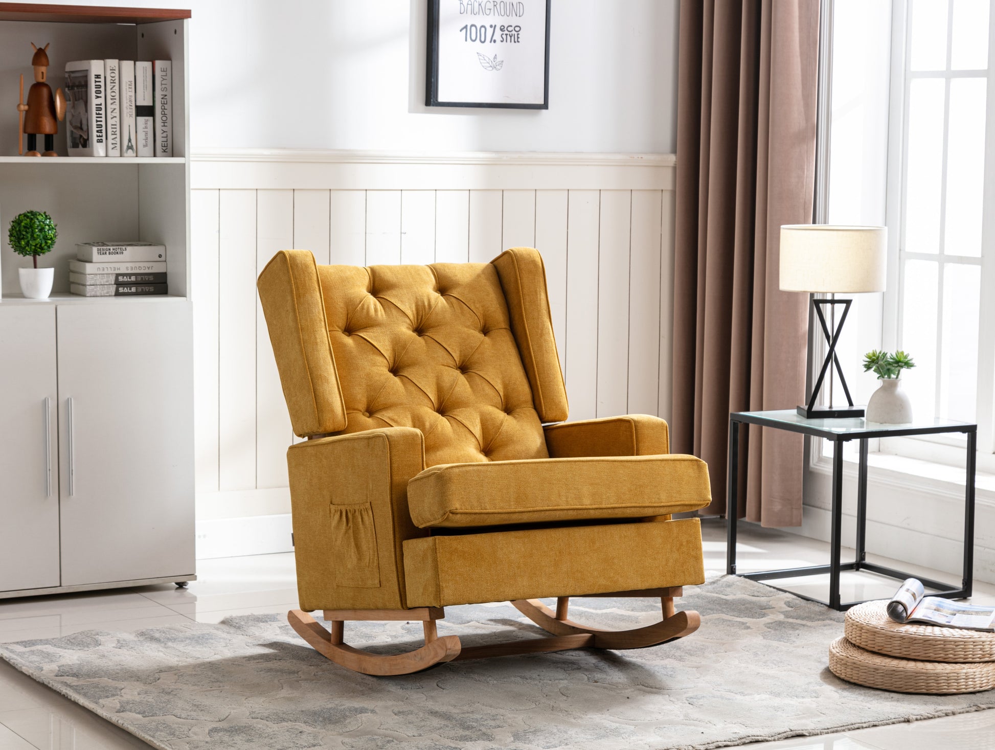 Coolmore Nursery Rocking Chair Upholstered Mid Century Modern Rocker Oversized Armchair For Living Room With Solid Wood Base Mustard Mustard Primary Living Space Foam Linen