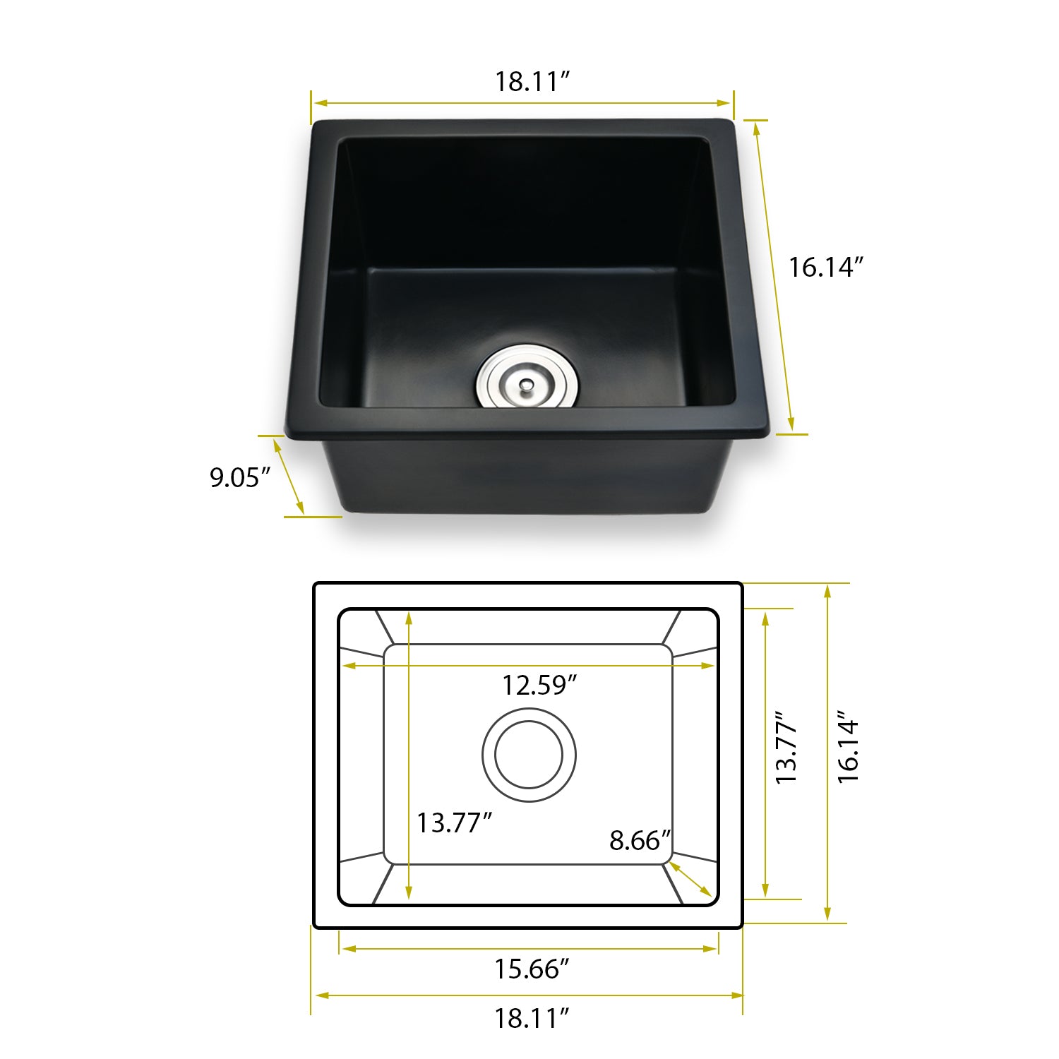 Quartz 18" L X 16" W Undermount Bar Sink With Basket Strainer Matte Black Quartz