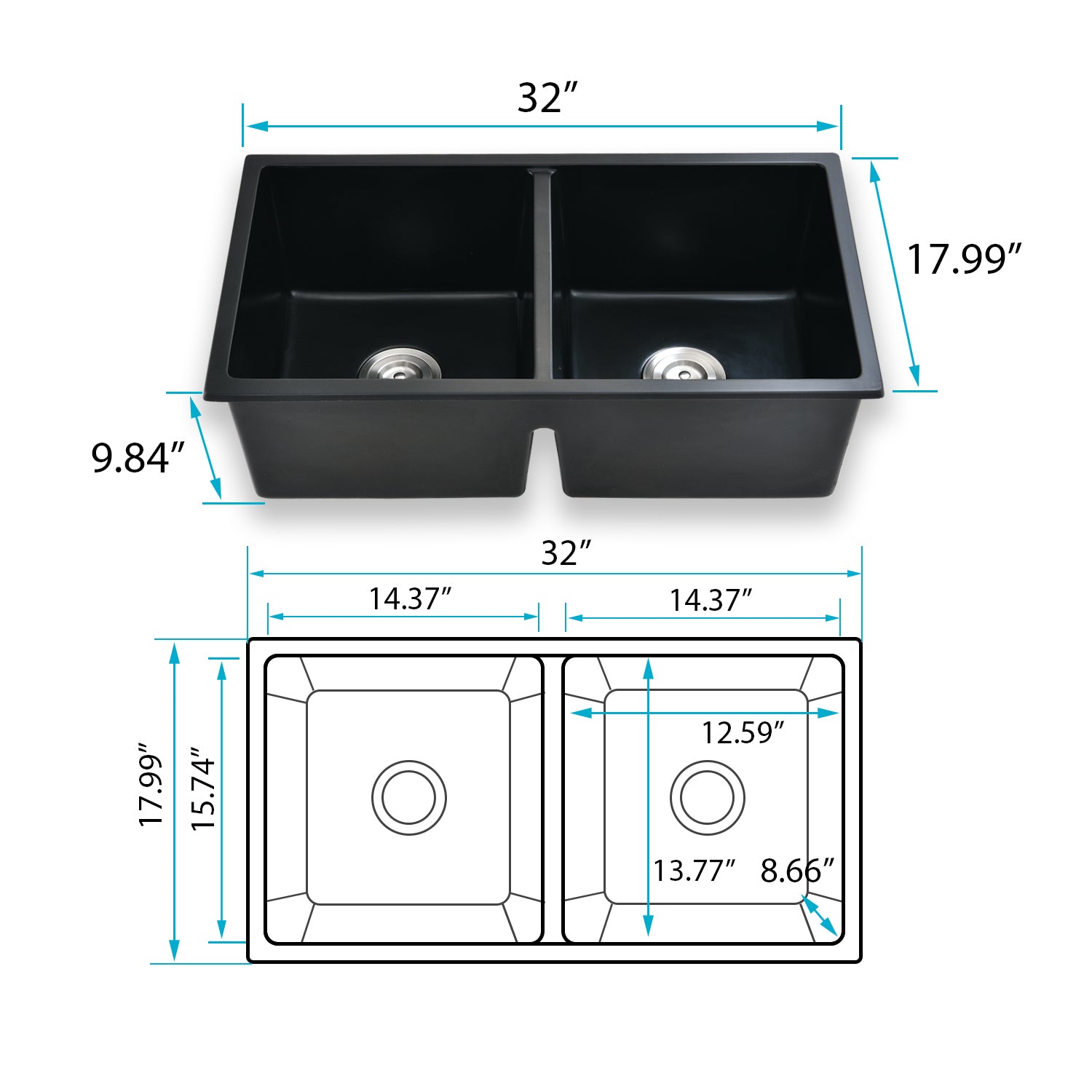 33" L X 18" W Double Bowl Undermount Kitchen Sink With Basket Strainer Black Quartz