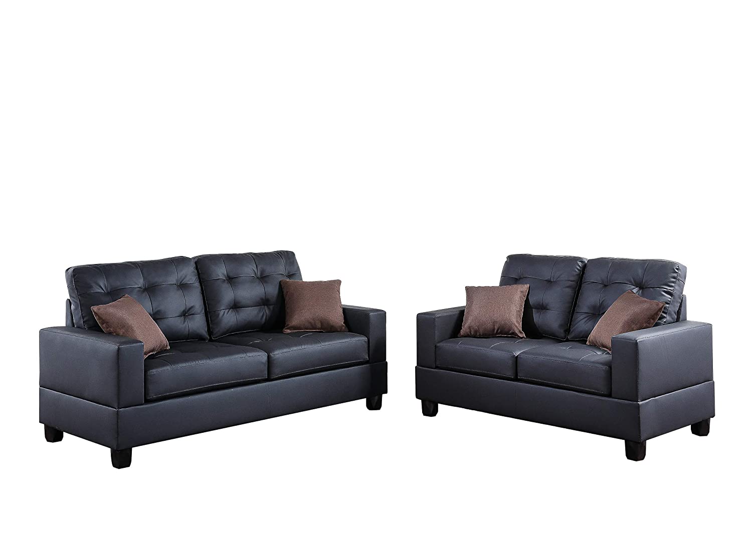 Living Room Furniture 2Pc Sofa Set Black Faux Leather Tufted Sofa Loveseat W Pillows Cushion Couch Black Faux Leather Wood Primary Living Space Tufted Back Contemporary,Modern Pine Square Arms