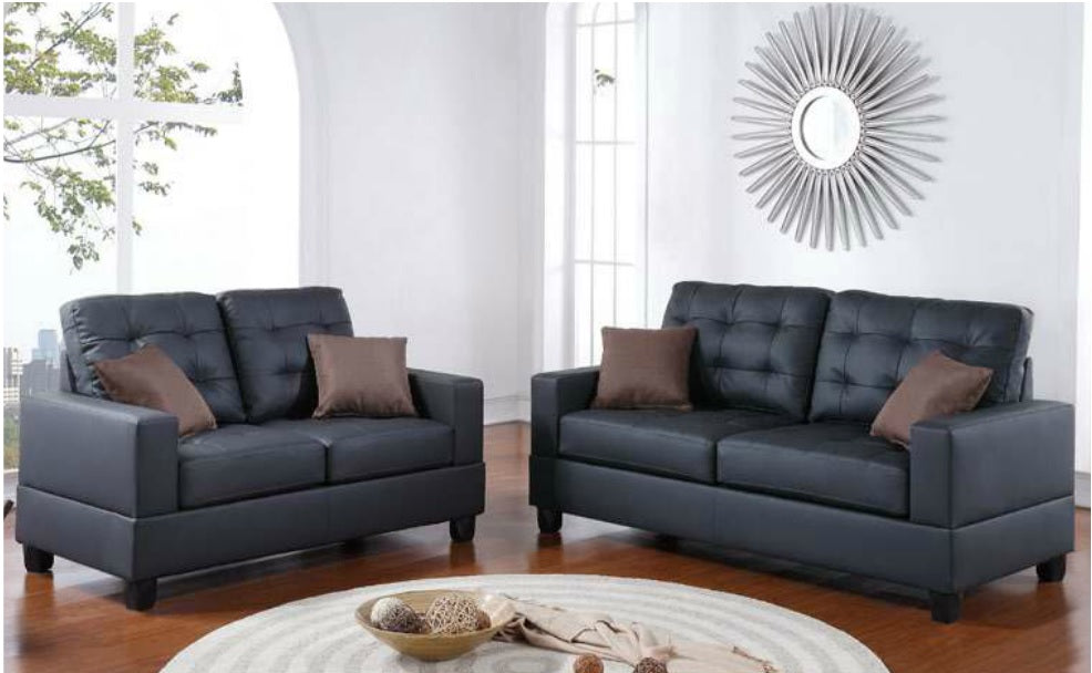 Living Room Furniture 2Pc Sofa Set Black Faux Leather Tufted Sofa Loveseat W Pillows Cushion Couch Black Faux Leather Wood Primary Living Space Tufted Back Contemporary,Modern Pine Square Arms