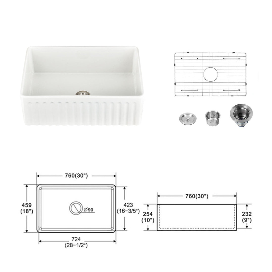 Fireclay 30" L X 18" W Farmhouse Kitchen Sink With Grid And Strainer White Fireclay