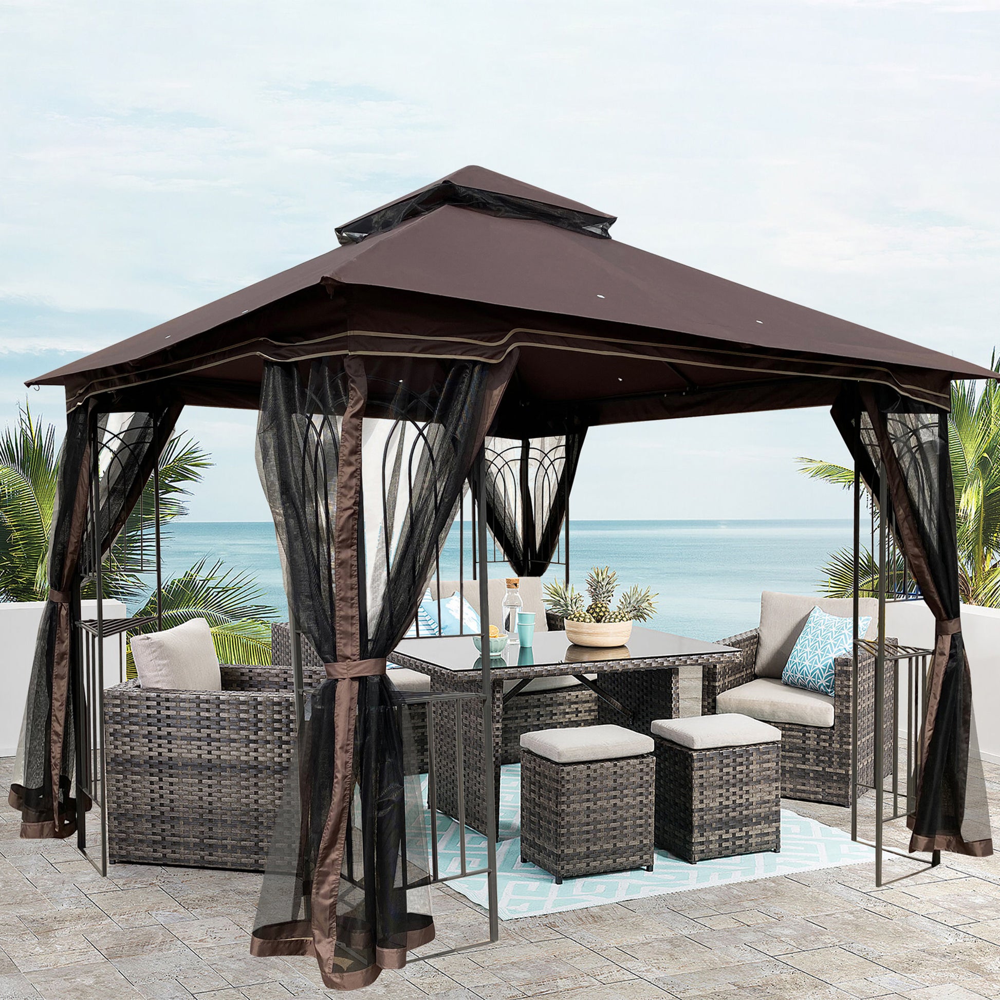 10X10 Outdoor Patio Gazebo Canopy Tent With Ventilated Double Roof And Mosquito Net Detachable Mesh Screen On All Sides ,Suitable For Lawn, Garden, Backyard And Deck,Brown Top Brown Steel