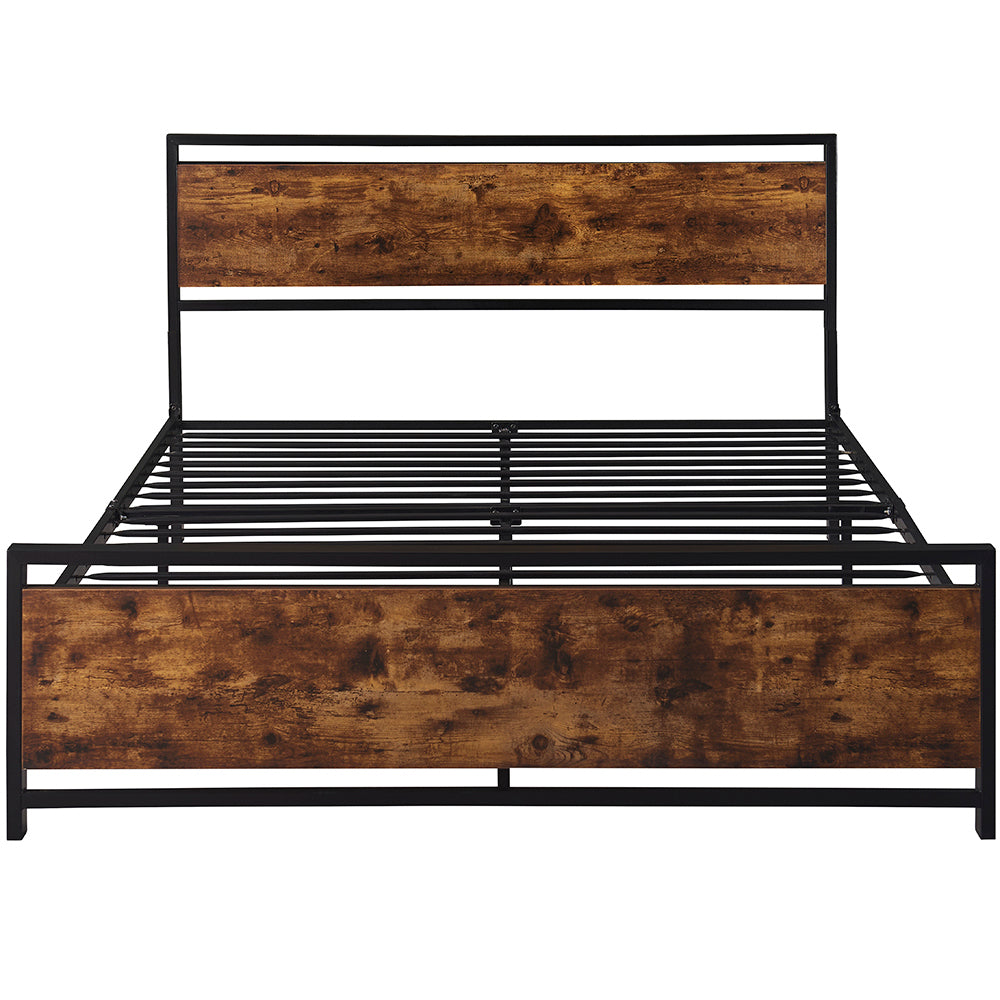 Queen Size Metal Platform Bed Frame With Wooden Headboard And Footboard, No Box Spring Needed, Large Under Bed Storage, Easy Assemble Black Metal