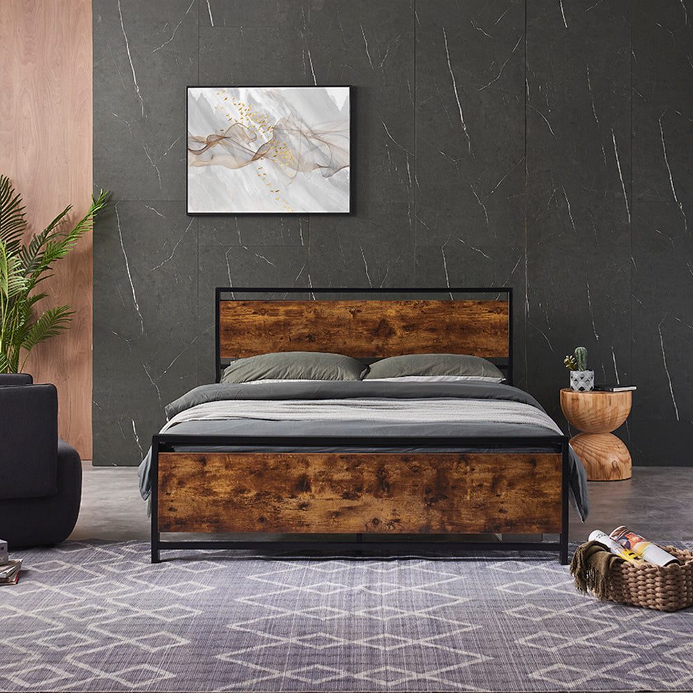 Queen Size Metal Platform Bed Frame With Wooden Headboard And Footboard, No Box Spring Needed, Large Under Bed Storage, Easy Assemble Black Metal