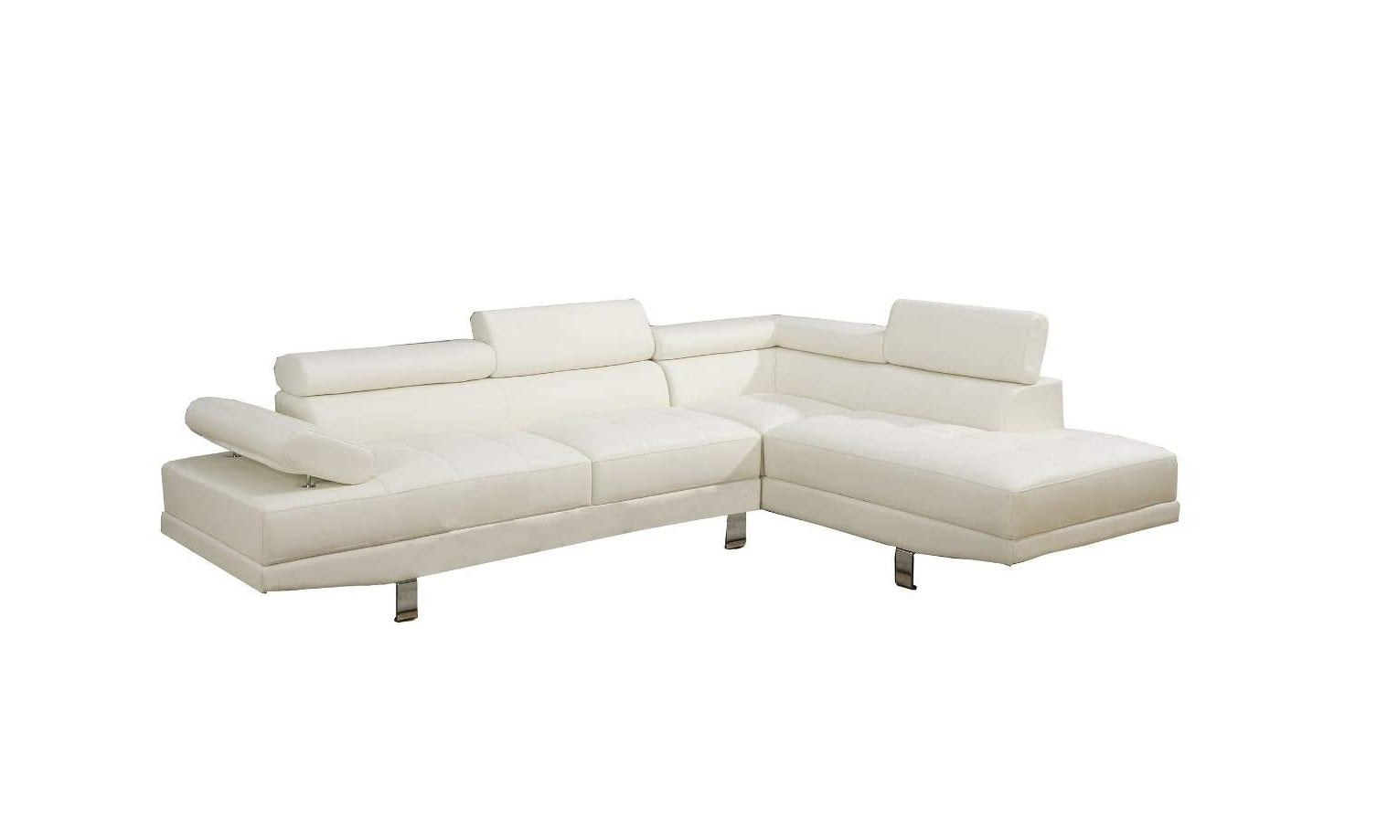 White Color Sectional Living Room Furniture Faux Leather Adjustable Headrest Right Facing Chaise & Left Facing Sofa White Faux Leather Primary Living Space Contemporary,Modern L Shaped Pillow Top Arms Metal 5 Seat