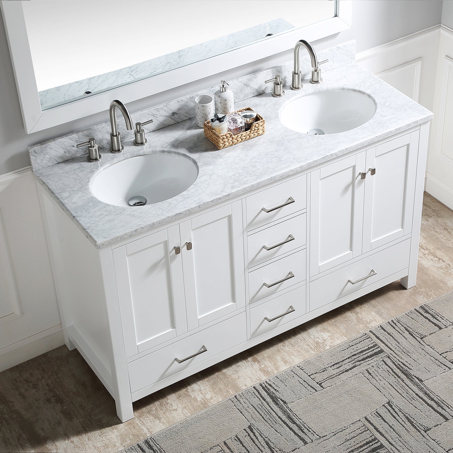 60" Double Bathroom Vanity Cabinet With Carrera Marble Top In White With Ceramic Sink And Back Splash White Plywood