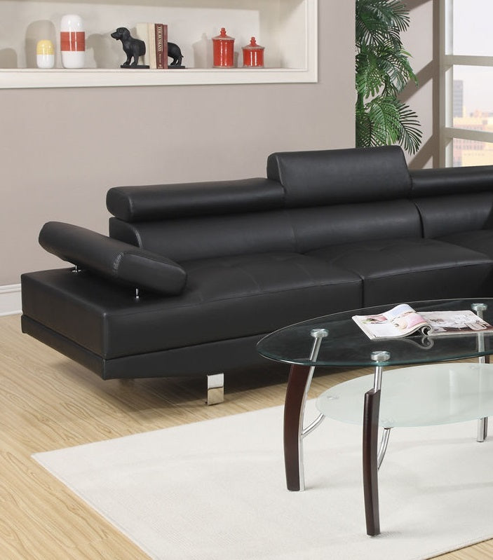 Black Color Sectional Living Room Furniture Faux Leather Adjustable Headrest Right Facing Chaise & Left Facing Sofa Black Faux Leather Primary Living Space Classic,Contemporary,Modern L Shaped Pine Pillow Top Arms Metal 5 Seat