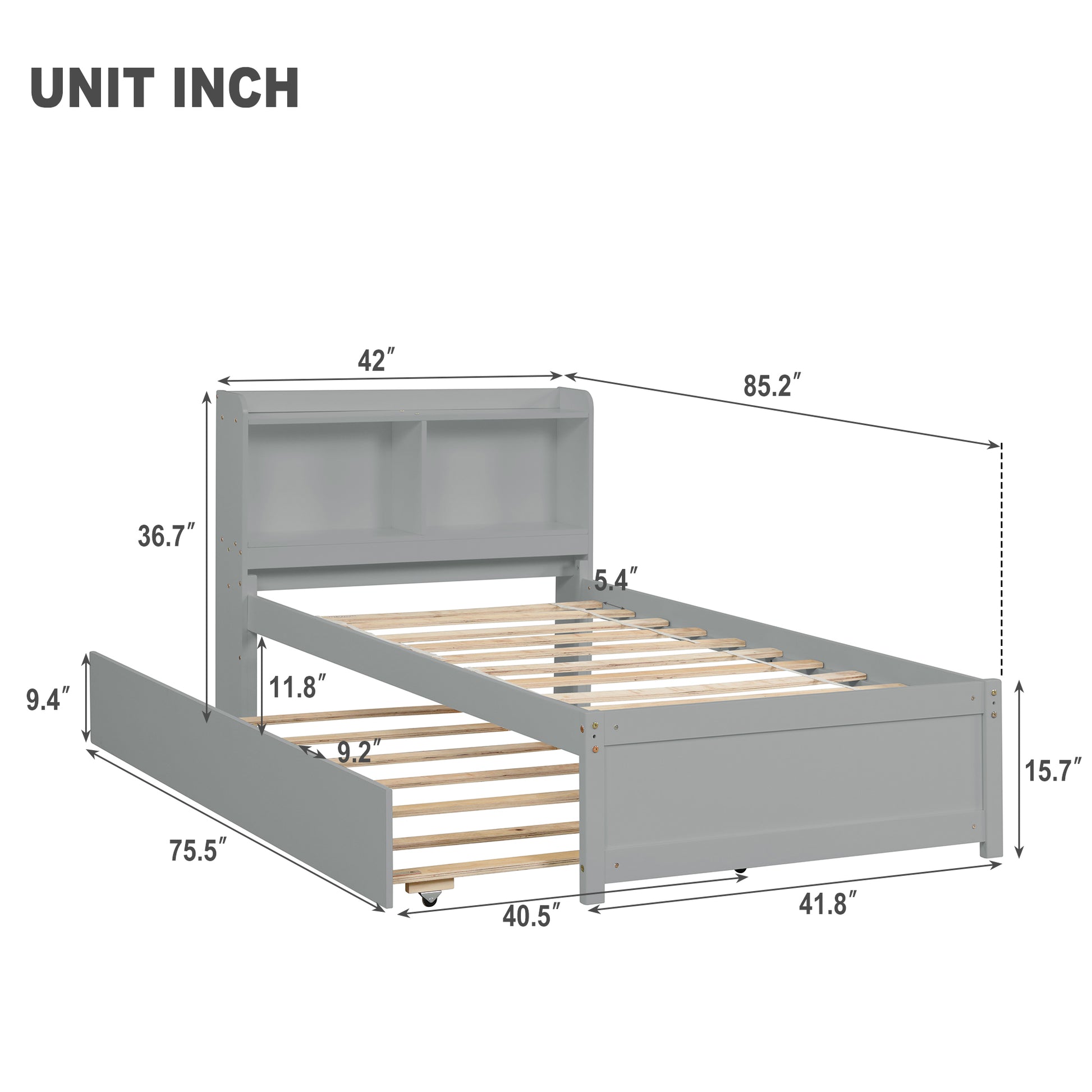 Twin Bed With Trundle,Bookcase,Grey Grey Pine