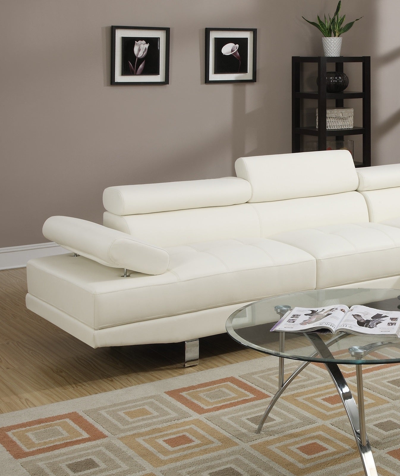 White Color Sectional Living Room Furniture Faux Leather Adjustable Headrest Right Facing Chaise & Left Facing Sofa White Faux Leather Primary Living Space Contemporary,Modern L Shaped Pillow Top Arms Metal 5 Seat