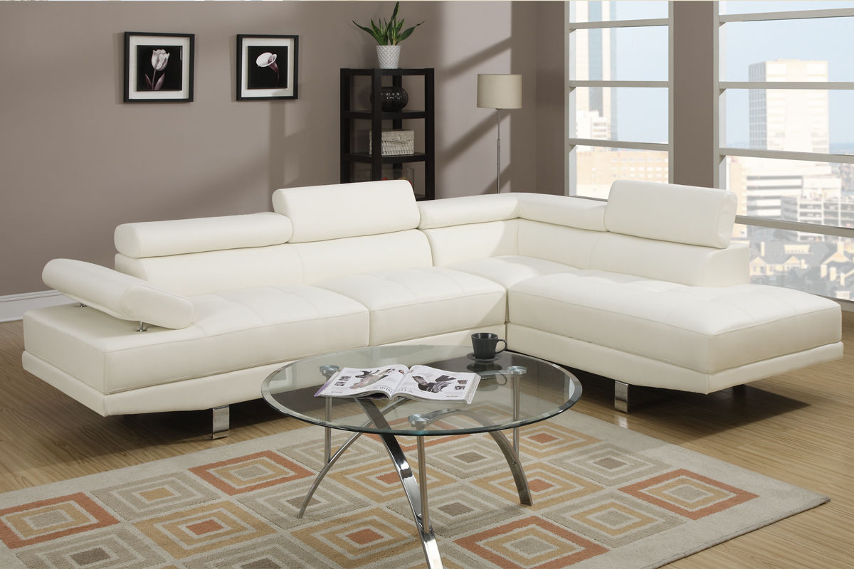 White Color Sectional Living Room Furniture Faux Leather Adjustable Headrest Right Facing Chaise & Left Facing Sofa White Faux Leather Primary Living Space Contemporary,Modern L Shaped Pillow Top Arms Metal 5 Seat