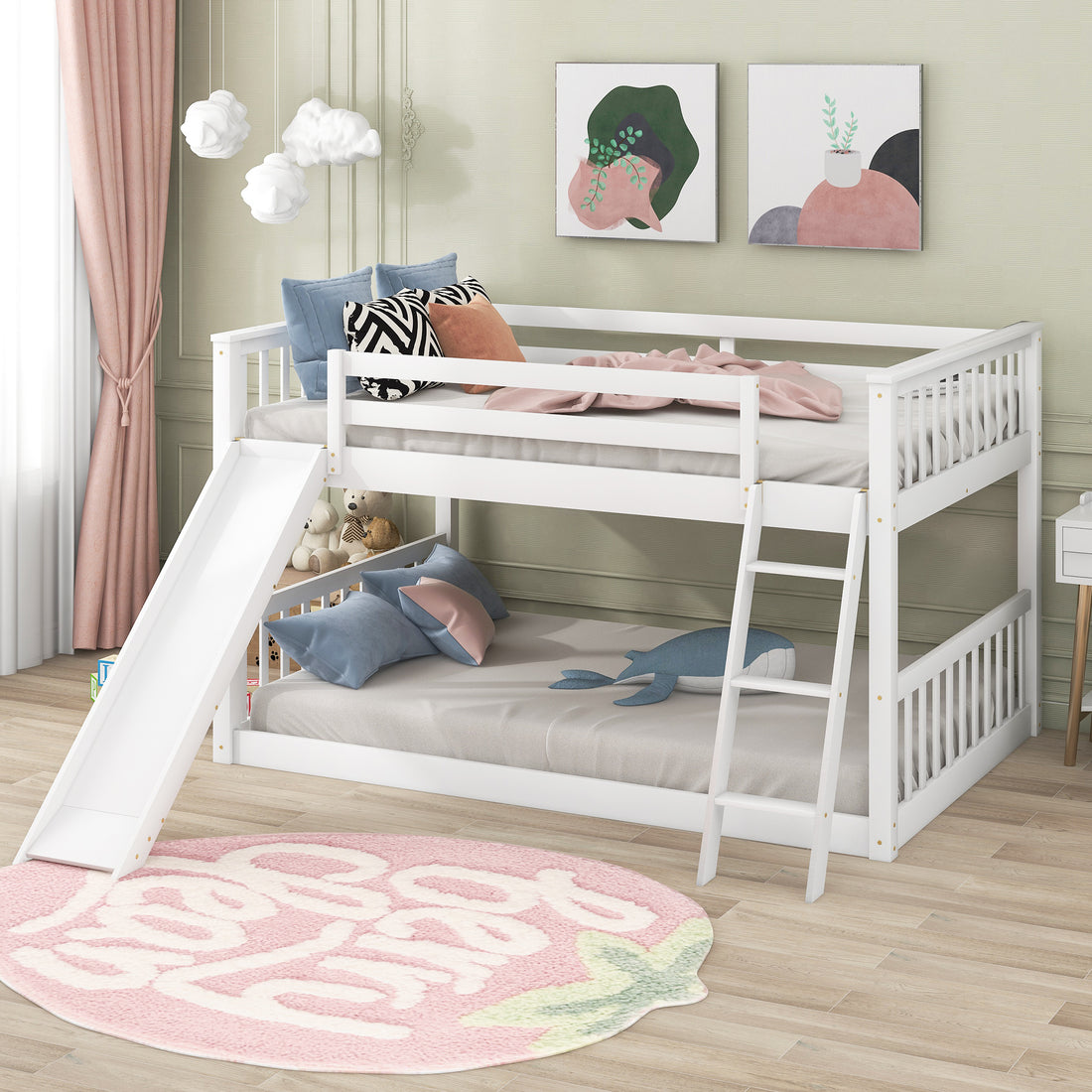 Full Over Full Bunk Bed With Convertible Slide And Ladder, White White Pine