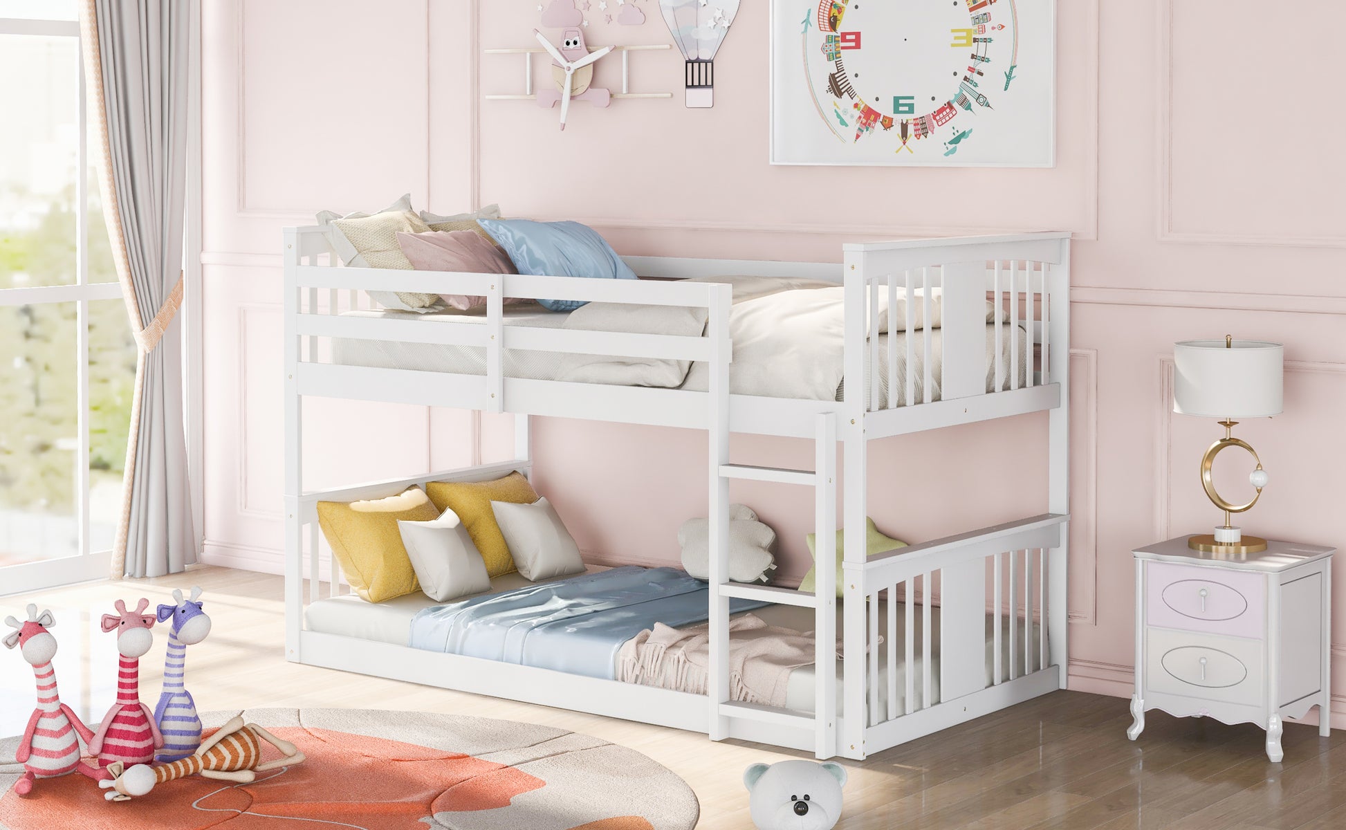 Twin Over Twin Bunk Bed With Ladder, White Old Sku:Lp000107Aak White Solid Wood