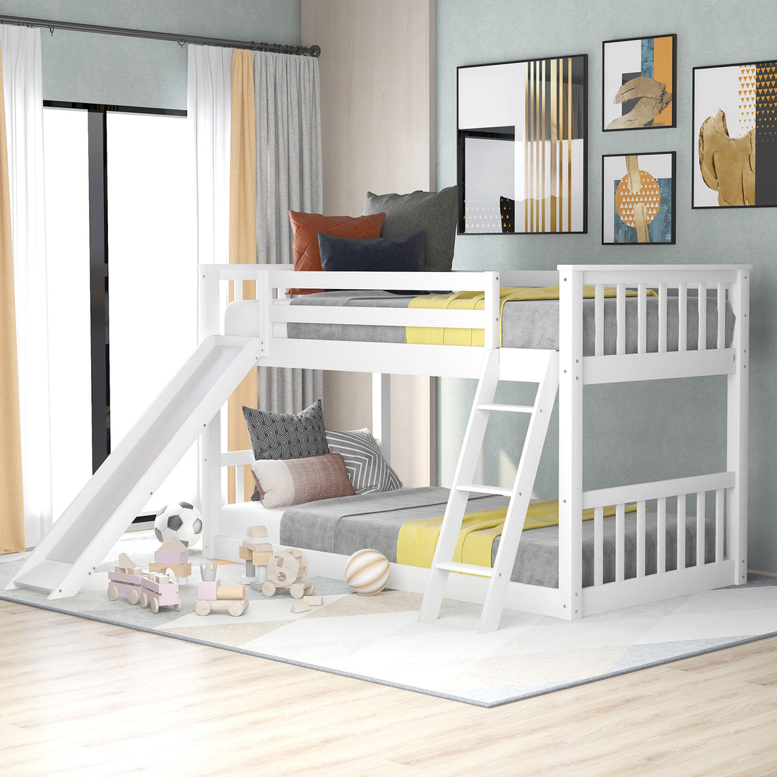 Twin Over Twin Bunk Bed With Convertible Slide And Ladder, White White Pine