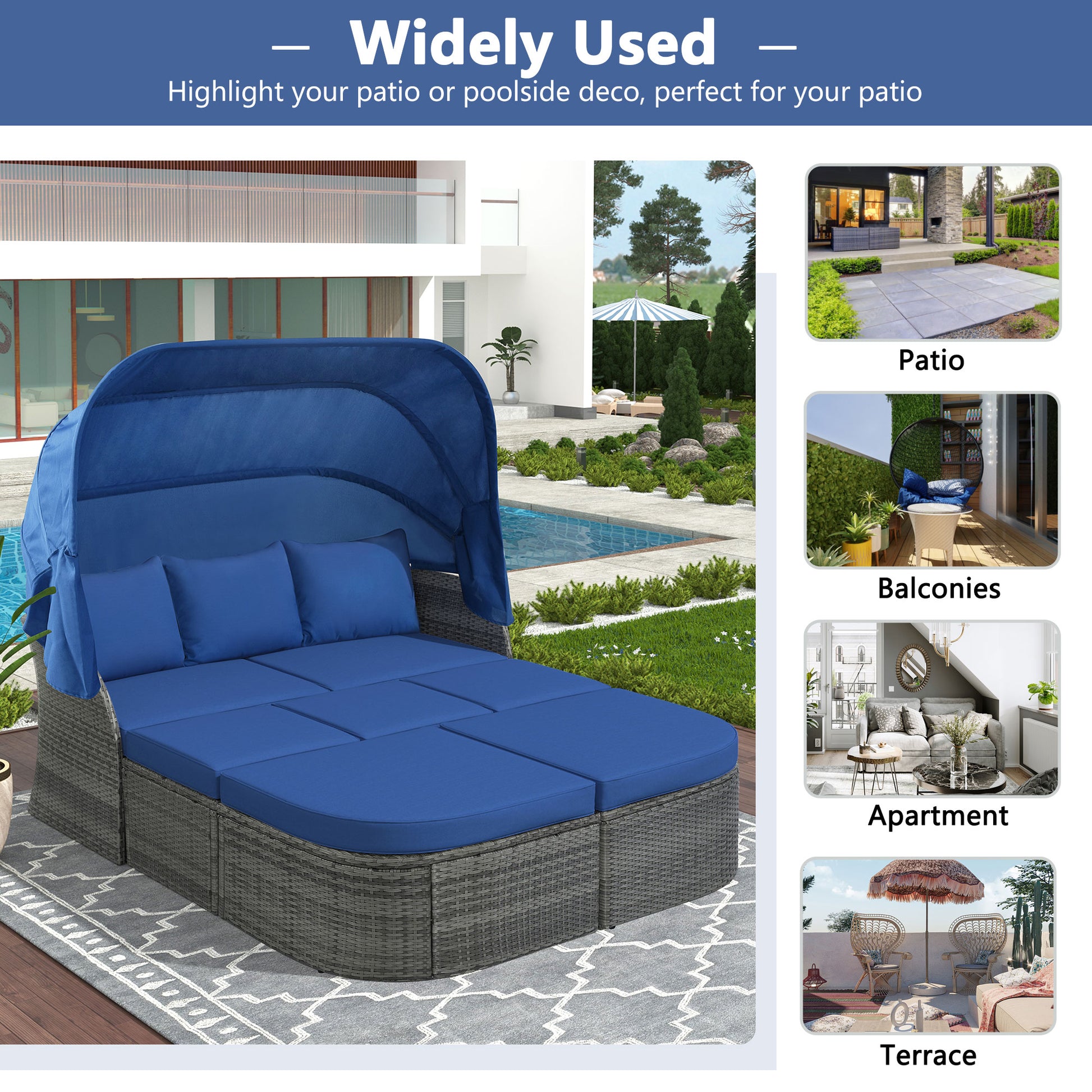 Outdoor Patio Furniture Set Daybed Sunbed With Retractable Canopy Conversation Set Wicker Furniture As Same As Wy000281Aae Blue Rattan
