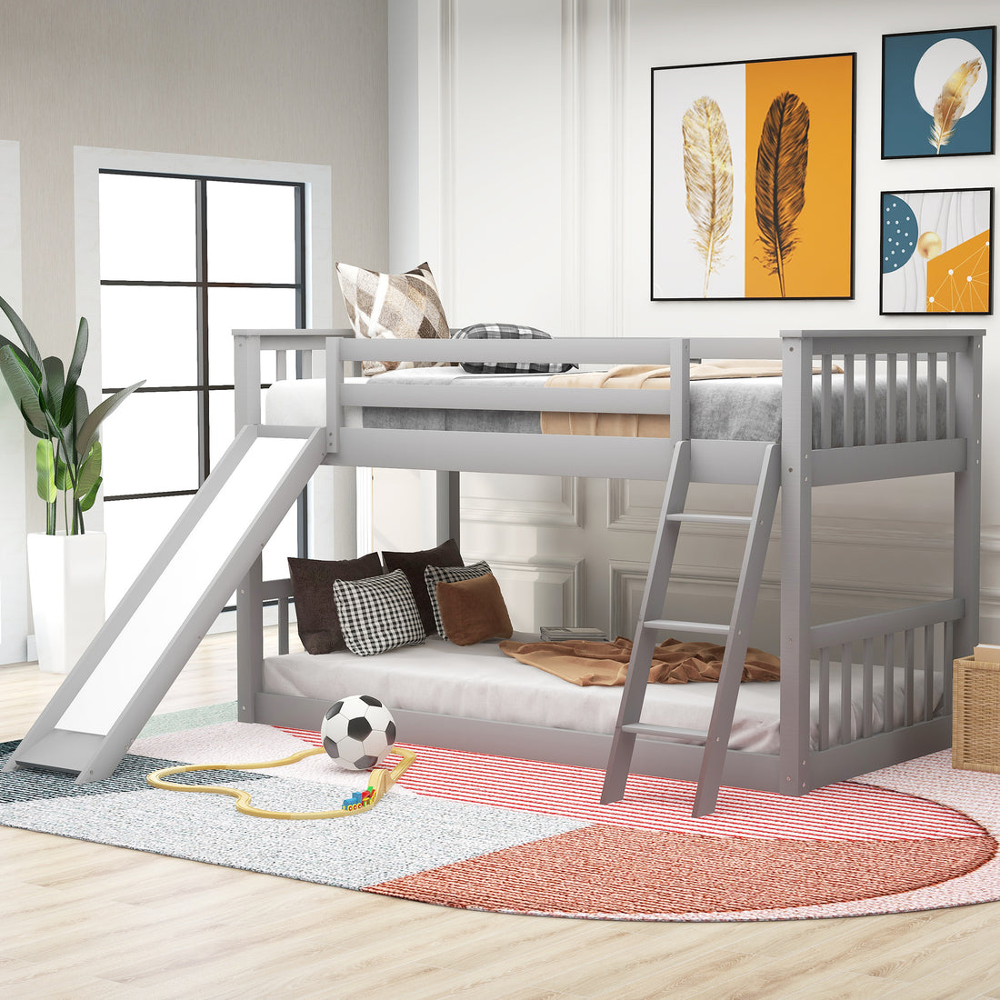 Twin Over Twin Bunk Bed With Convertible Slide And Ladder, Gray Gray Pine