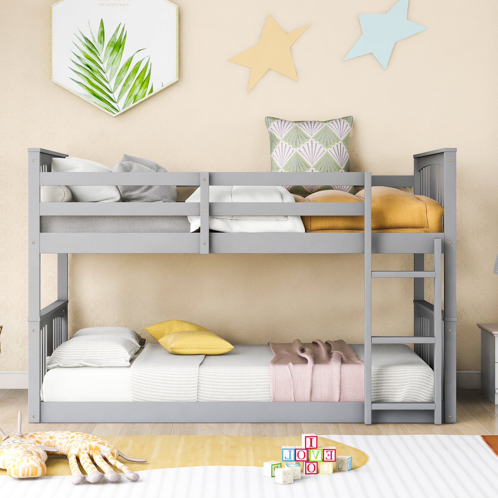 Twin Over Twin Bunk Bed With Ladder, Gray Old Sku:Lp000107Aae Gray Solid Wood