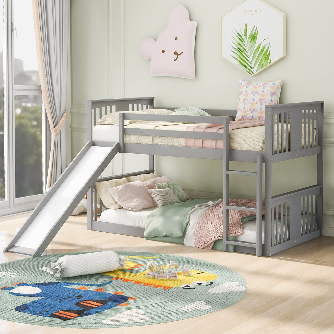 Twin Over Twin Bunk Bed With Slide And Ladder, Gray Old Sku Lp000108Aae Gray Solid Wood