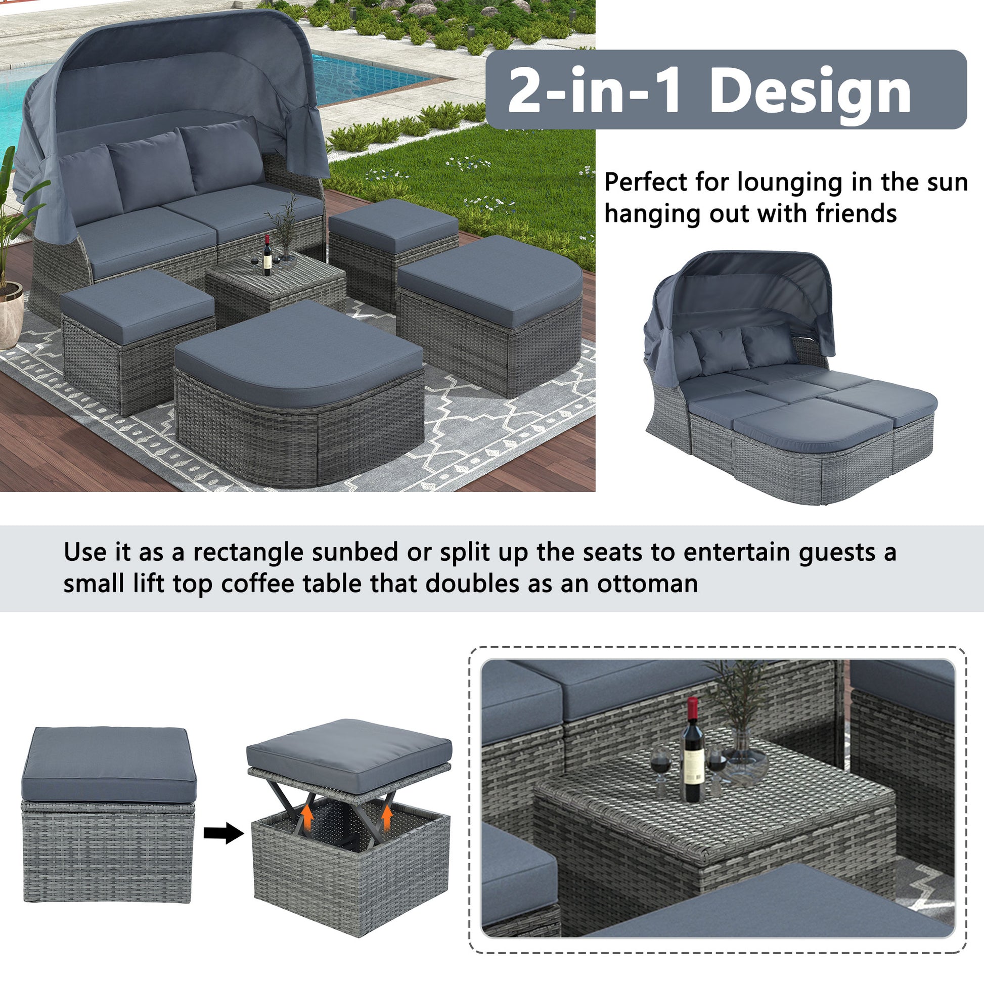 Outdoor Patio Furniture Set Daybed Sunbed With Retractable Canopy Conversation Set Wicker Furniture As Same As Wy000281Aae Gray Rattan