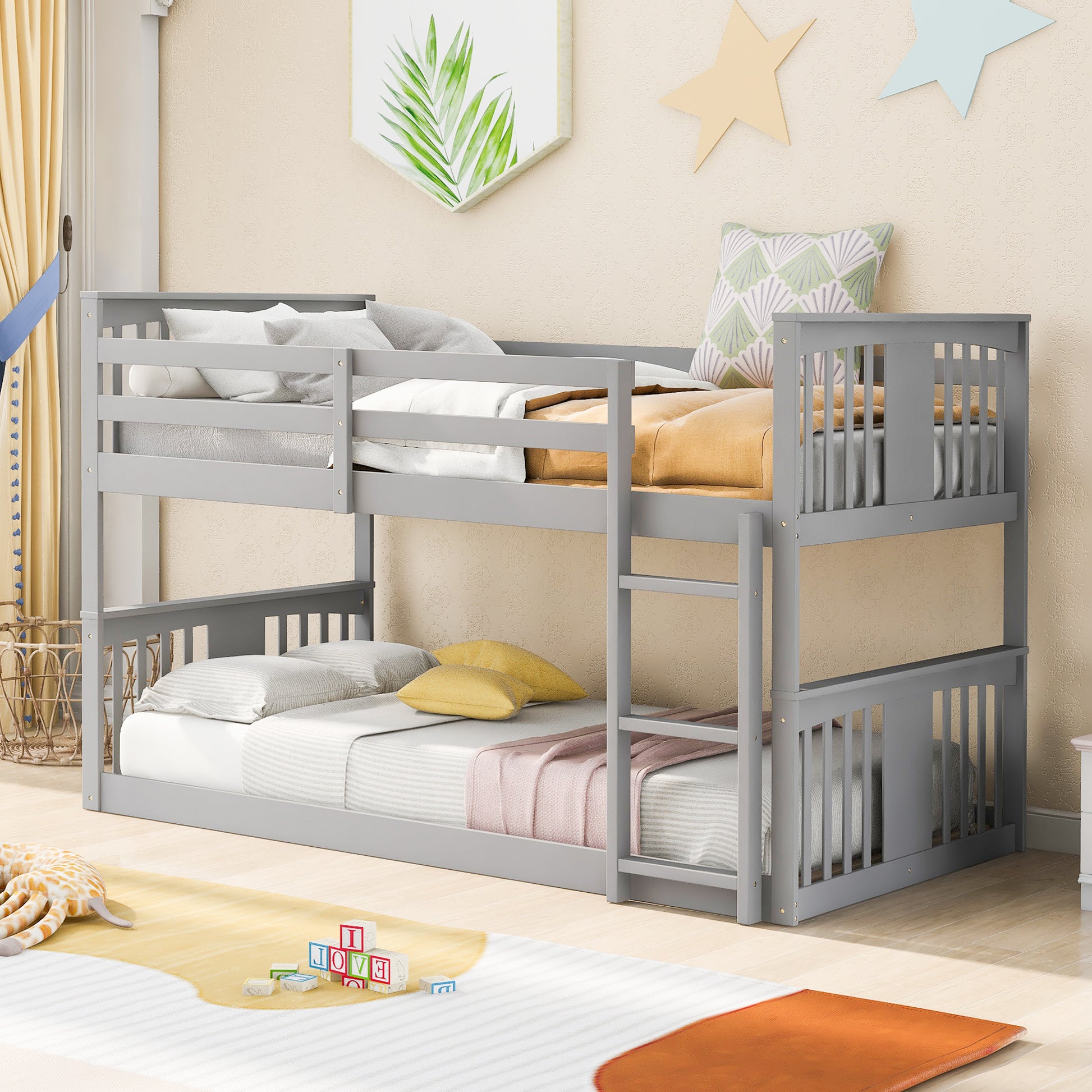 Twin Over Twin Bunk Bed With Ladder, Gray Old Sku:Lp000107Aae Gray Solid Wood