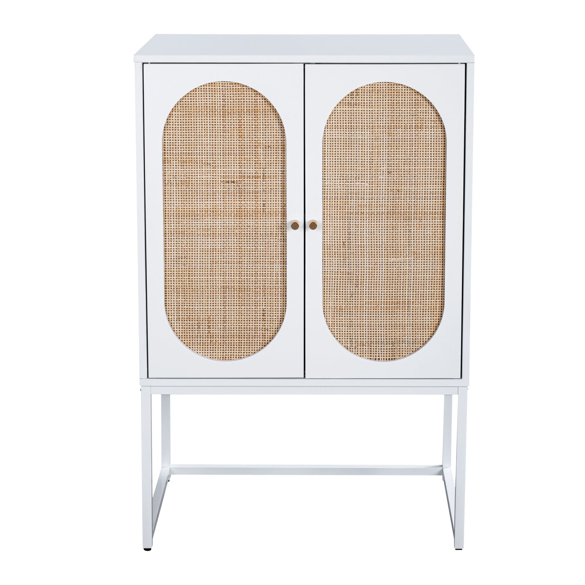 Set Of 2, Natural Rattan 2 Door High Cabinet, Built In Adjustable Shelf, Easy Assembly, Free Standing Cabinet For Living Room Bedroom White Particle Board