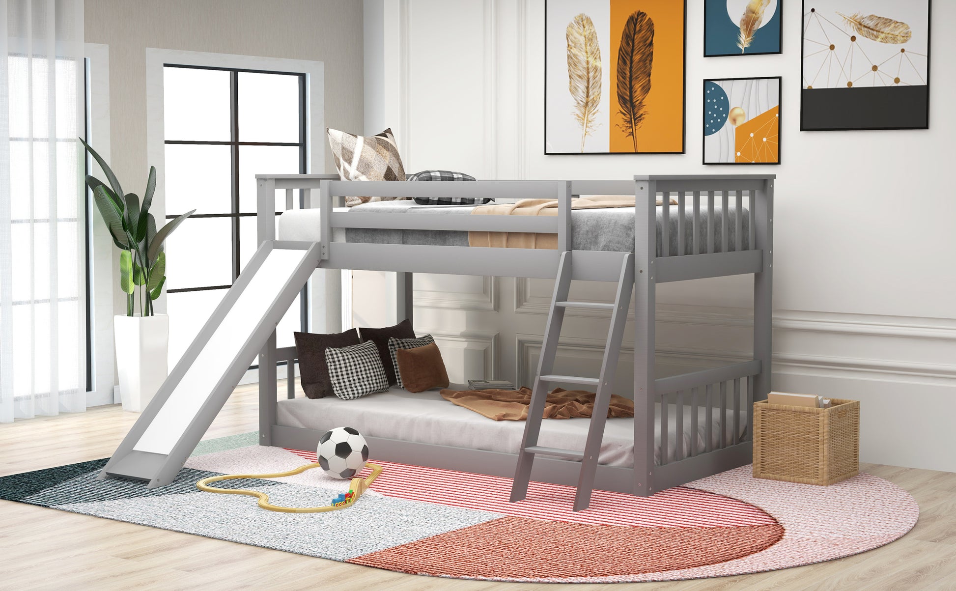 Twin Over Twin Bunk Bed With Convertible Slide And Ladder, Gray Gray Pine