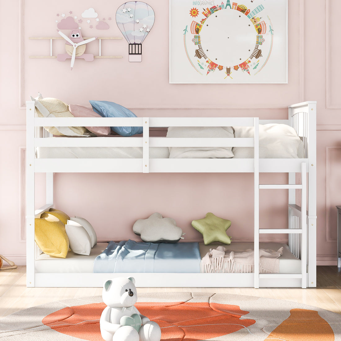 Twin Over Twin Bunk Bed With Ladder, White Old Sku:Lp000107Aak White Solid Wood