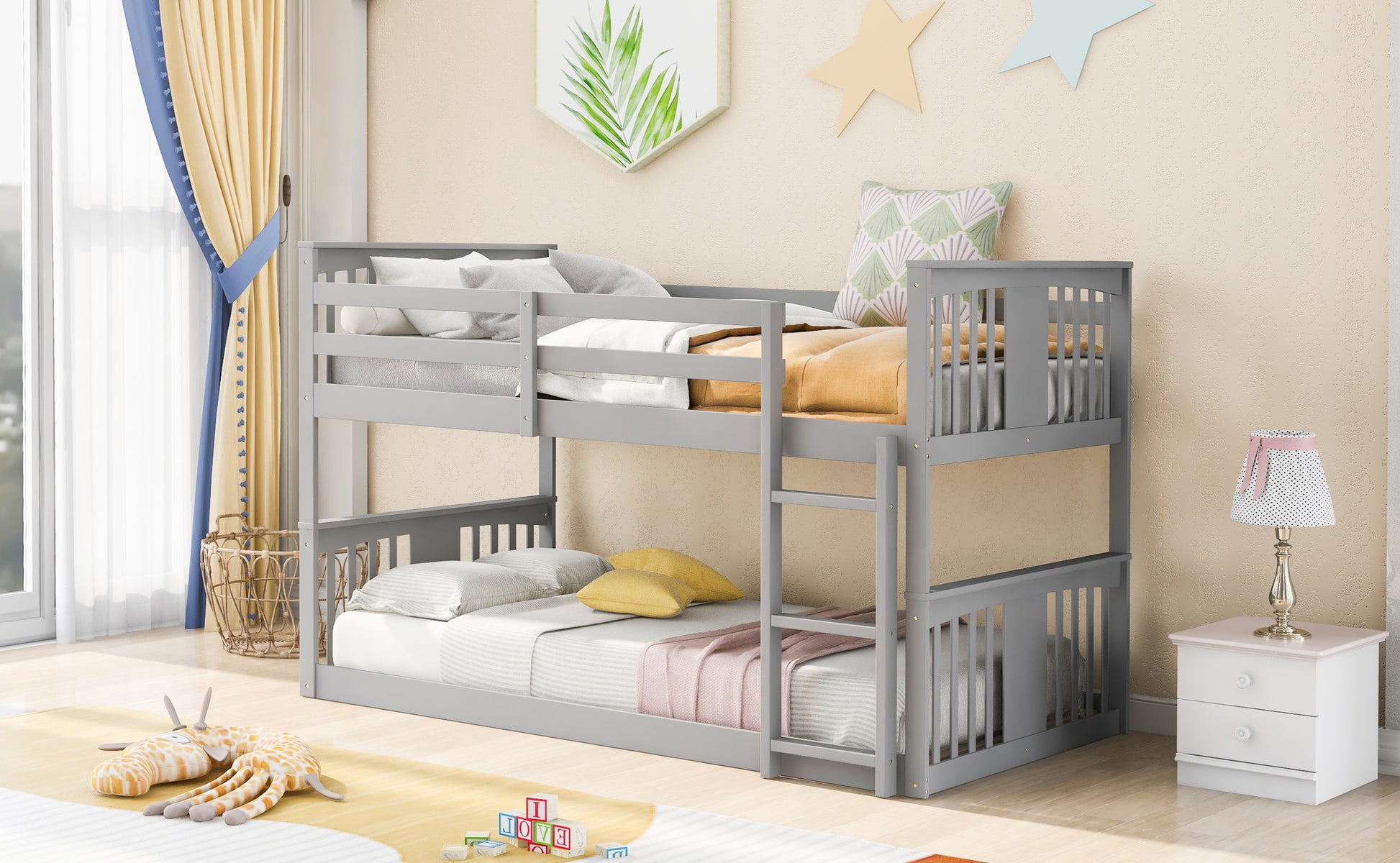 Twin Over Twin Bunk Bed With Ladder, Gray Old Sku:Lp000107Aae Gray Solid Wood