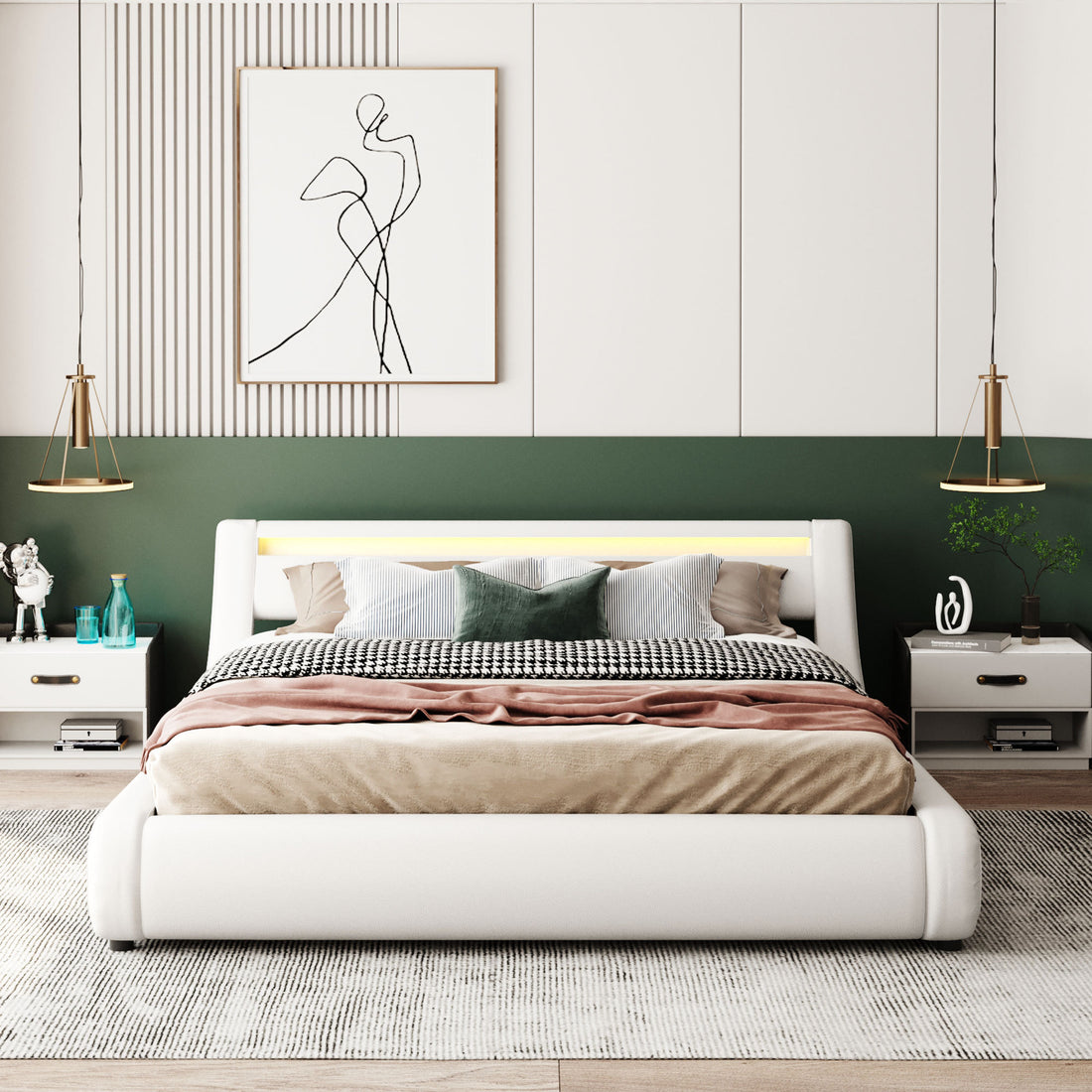 Upholstered Faux Leather Platform Bed With A Hydraulic Storage System With Led Light Headboard Bed Frame With Slatted Queen Size White Technical Leather