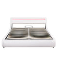 Upholstered Faux Leather Platform Bed With A Hydraulic Storage System With Led Light Headboard Bed Frame With Slatted Queen Size White Technical Leather