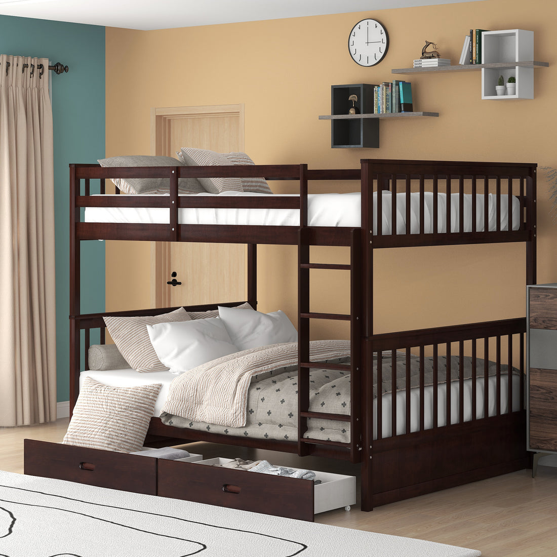 Full Over Full Bunk Bed With Ladders And Two Storage Drawers Espresso Old Sku:Lt000365Aap Espresso Solid Wood