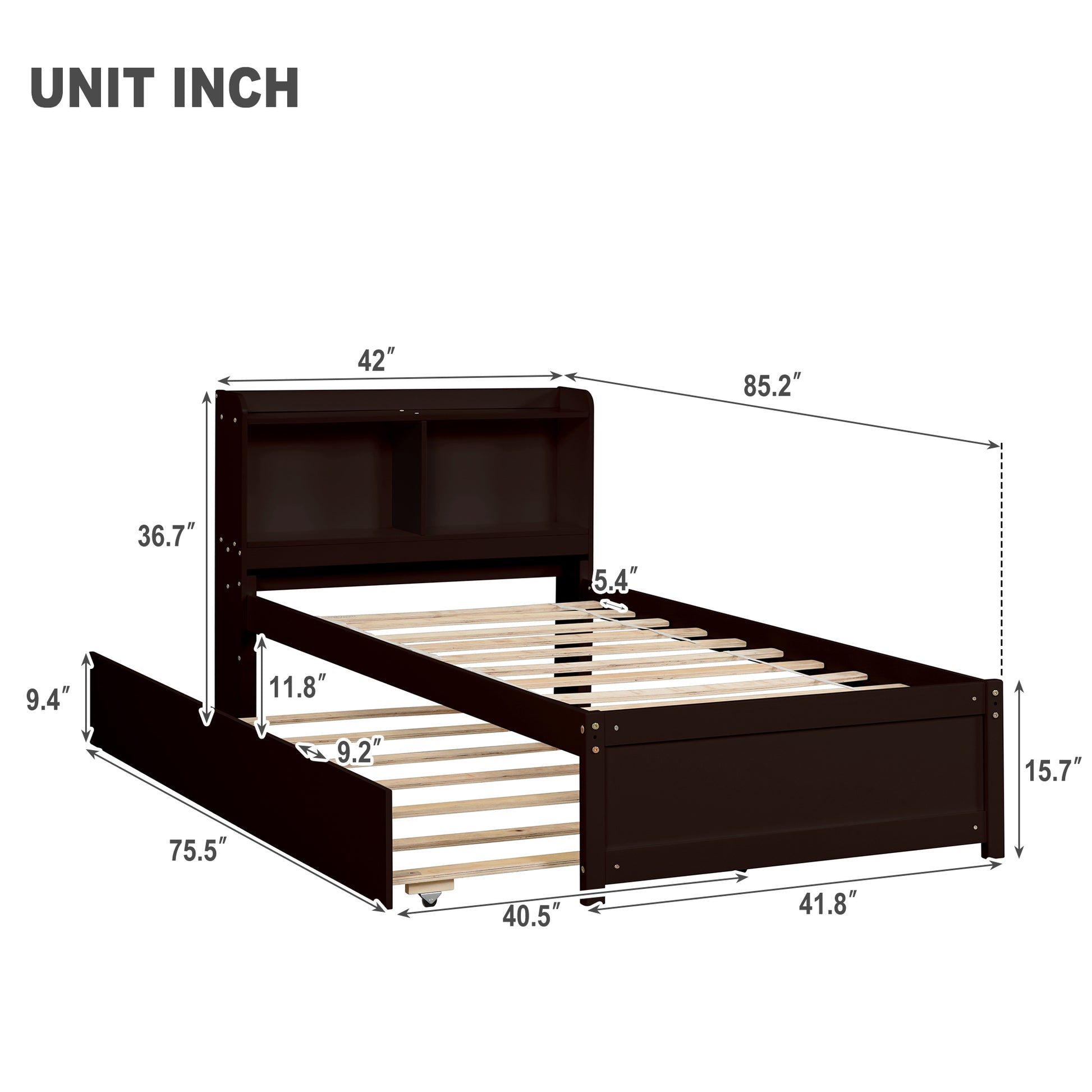 Twin Bed With Trundle,Bookcase,Espresso Twin Espresso Pine