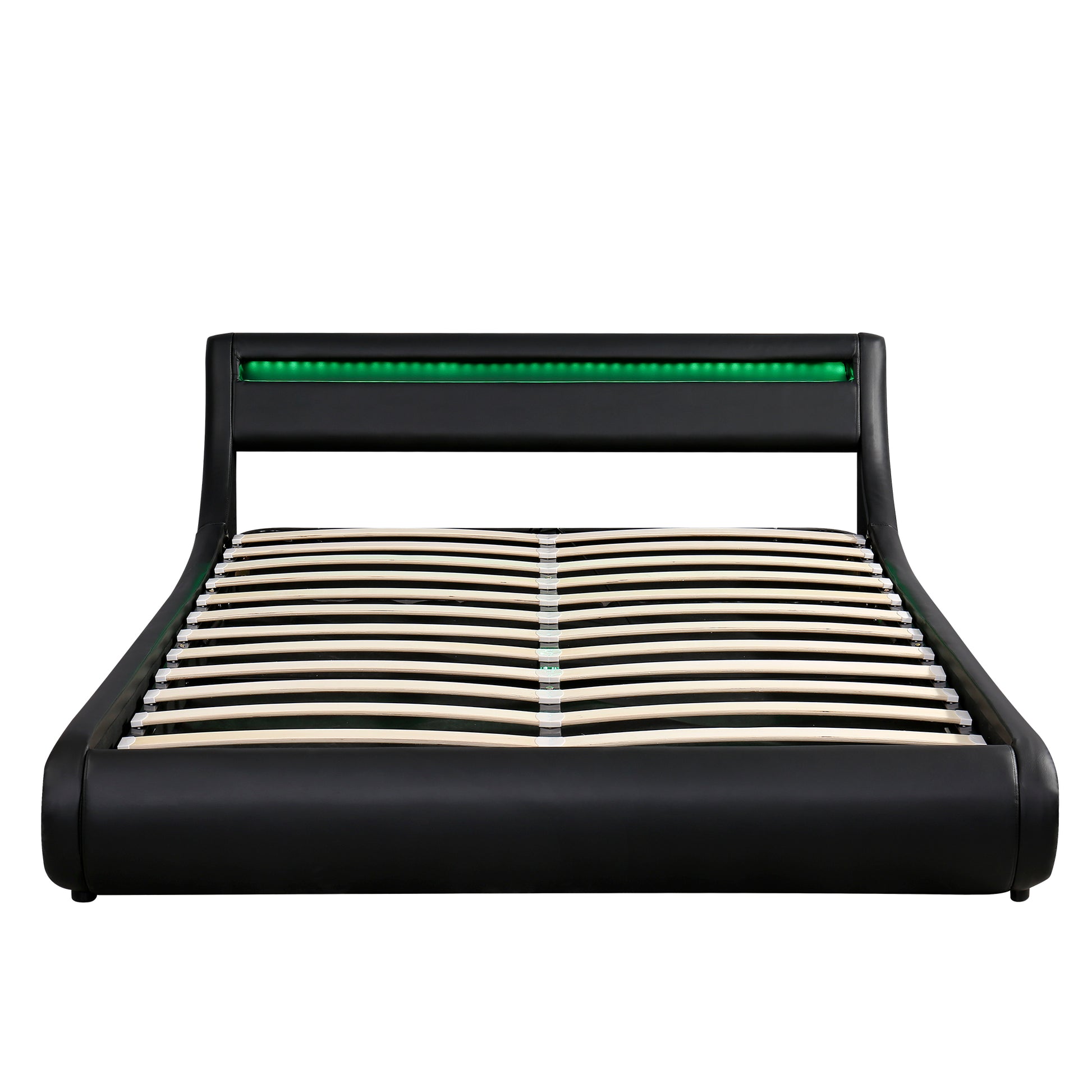 Upholstered Faux Leather Platform Bed With A Hydraulic Storage System With Led Light Headboard Bed Frame With Slatted Queen Size Black Technical Leather