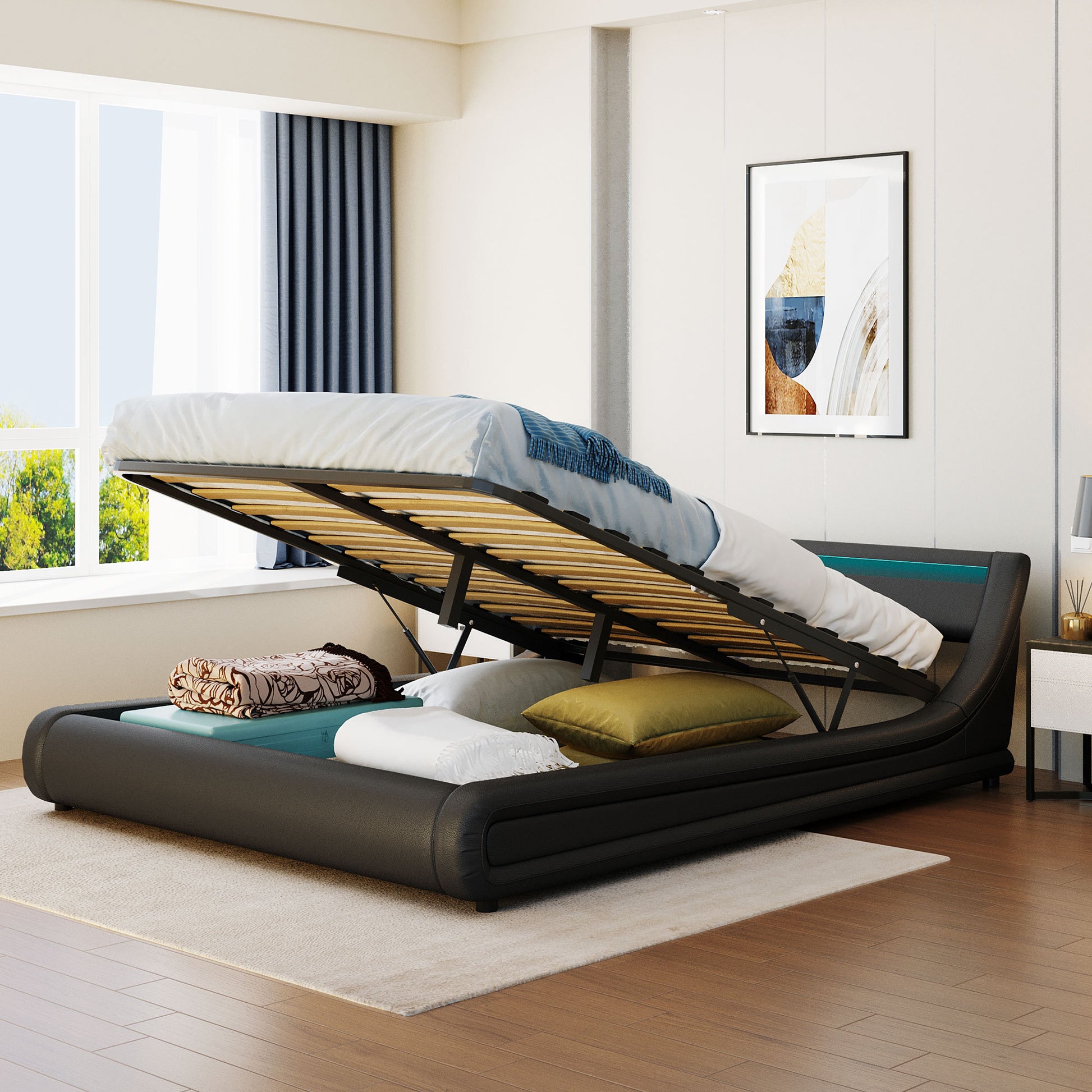 Upholstered Faux Leather Platform Bed With A Hydraulic Storage System With Led Light Headboard Bed Frame With Slatted Queen Size Black Technical Leather