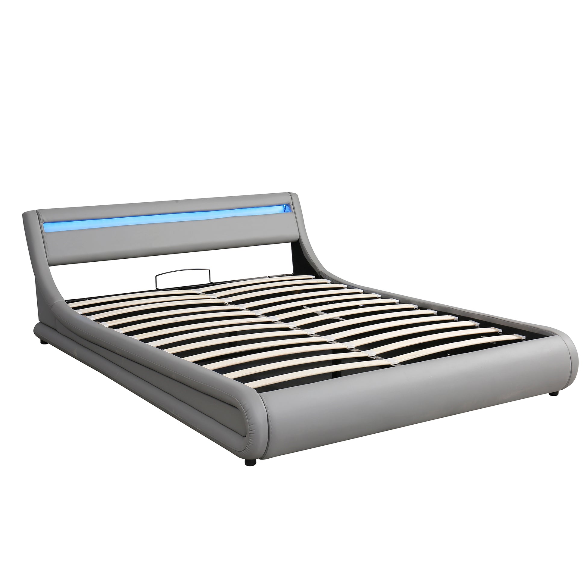 Upholstered Faux Leather Platform Bed With A Hydraulic Storage System With Led Light Headboard Bed Frame With Slatted Queen Size Grey Technical Leather